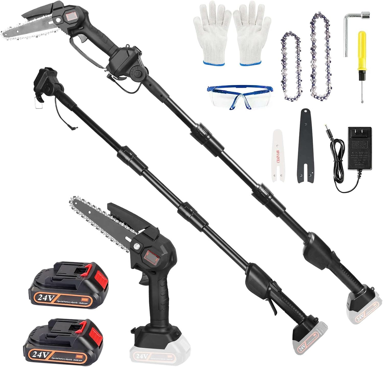 2-in-1 Cordless Pole Saw & 6 Inch/4 Inch Mini Chainsaw, Electric Pole Saw for Tree Trimming with 2x 21V 3.0Ah Batteries & Charger, 13FT Max Reach Battery Powered Pole Chainsaw for Wood Cutting