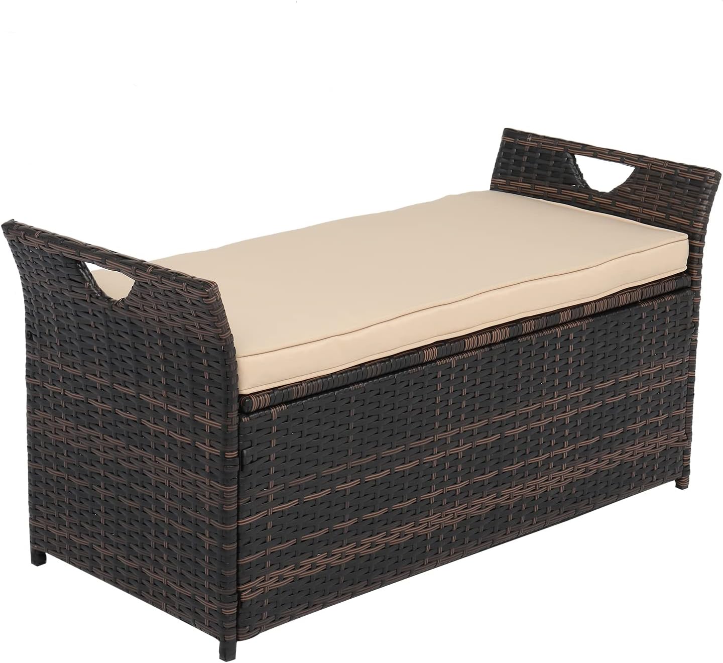 33 Gallon Outdoor Storage Bench with Cushion, Rattan Storage Box, Patio Wicker Deck Box with Seat for Garden,Balcony,Porch, Pool,Yard, Large