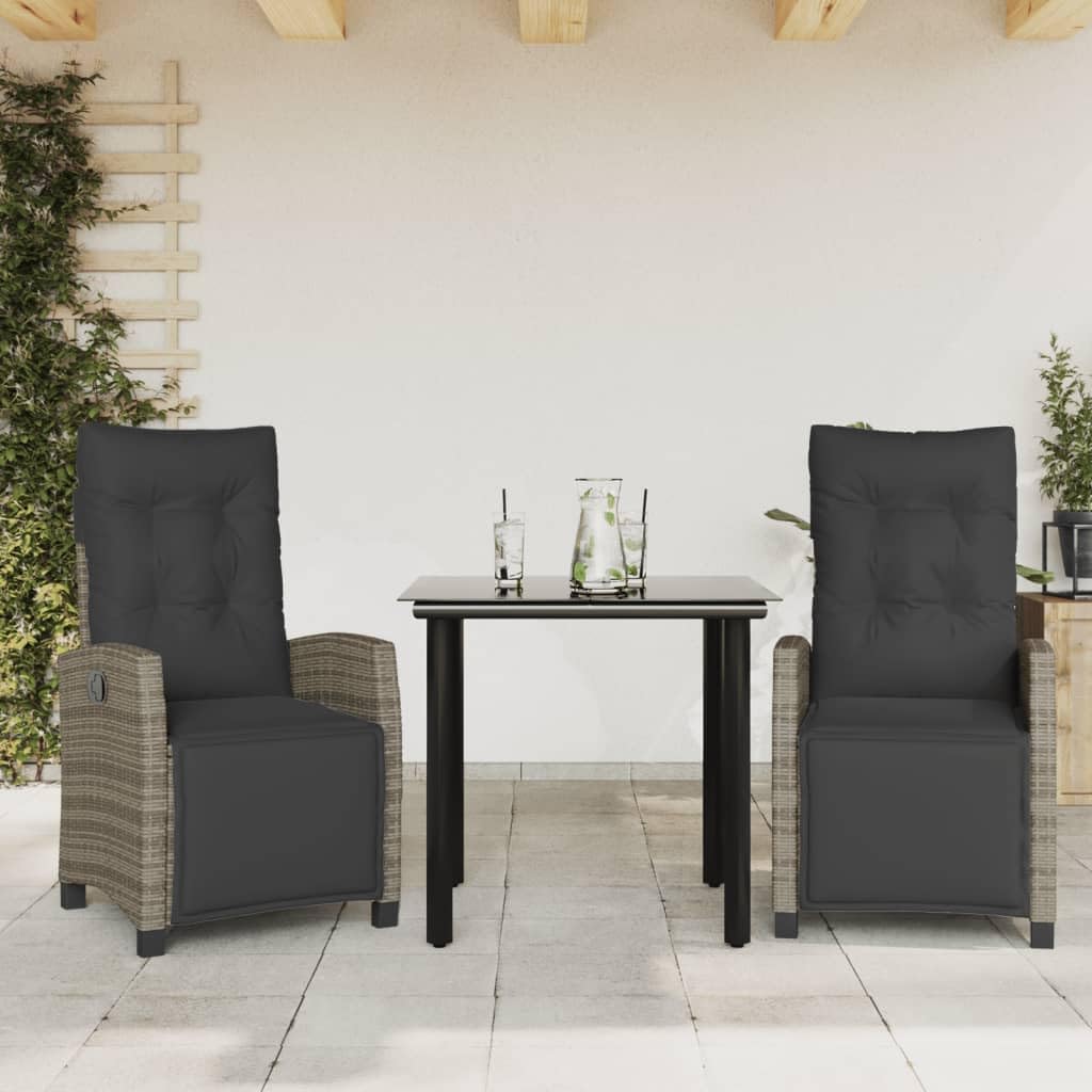 3 Piece Patio Dining Set with Cushions Gray Poly Rattan,AllWeather Outdoor Dining Set: Adjustable Rattan Chairs with Glass Table Furniture Sets for Patio, Lawn & Garden