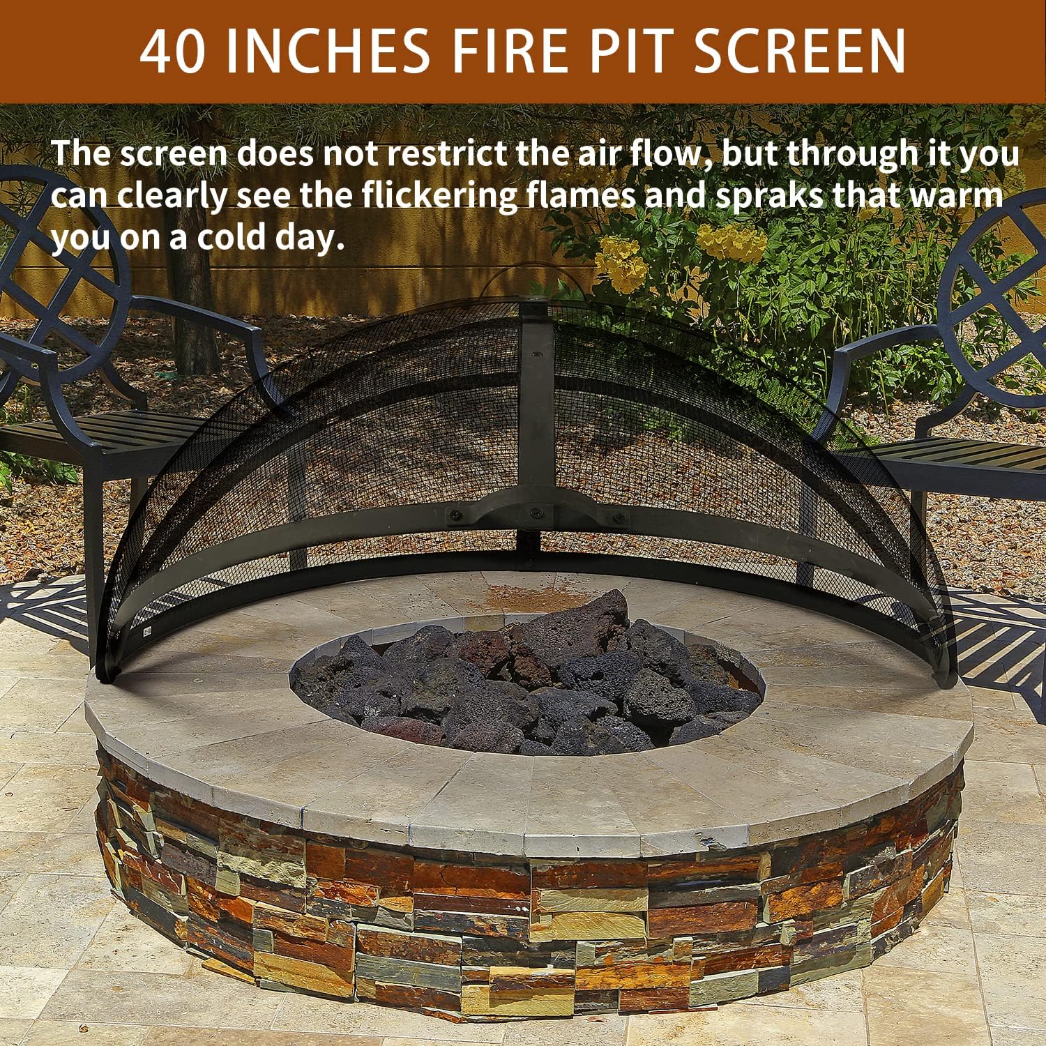 WeCooper Heavy-Duty Fire Pit Spark Screen, 40In Round Steel Mesh Screen Guard, Easy-Opening Firepit Ember Arrester with Handle