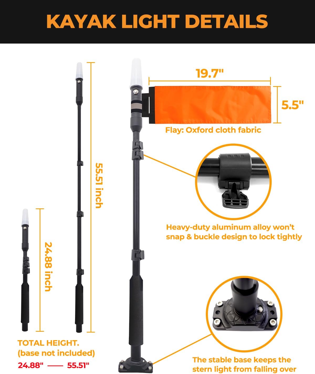 Tavaray Kayak Lights With Orange Flag Pole Kit, 360° Led White Boat Lights, 55.5