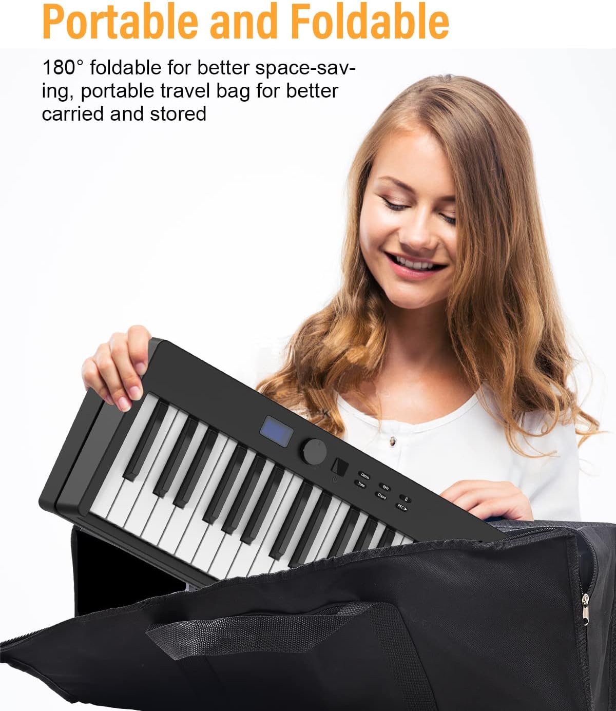 KONIX Folding Piano Keyboard, 88 Key Full Size Semi Weighted Foldable Keyboard, Portable Electric Piano with Light Up Key, Sustain Pedal, Piano Sticker, Sheet Music Stand and Piano Bag, Black