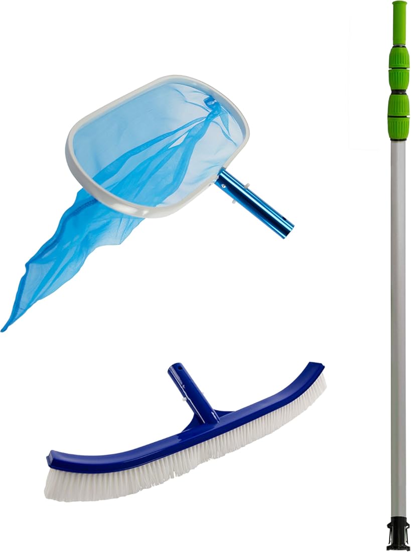 Aqua Select Pool Cleaning Maintenance Kit | Includes EZ-Clip 7' - 21' Telescopic Pole, Pool Brush and Pool Leaf Rake for Above Ground and Inground Swimming Pools