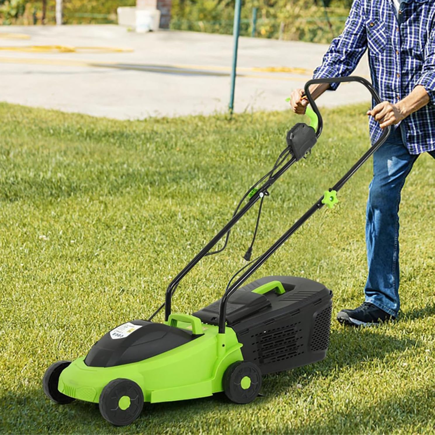 Bigacc 13-Inch Electric Lawn Mower Grass Cutter Machine 12-Amp Electric Dethatcher with 25L Collection Box, 3-Position Height Adjustment, Airboost Technology Increases Garden Yard Lawn Health,Green