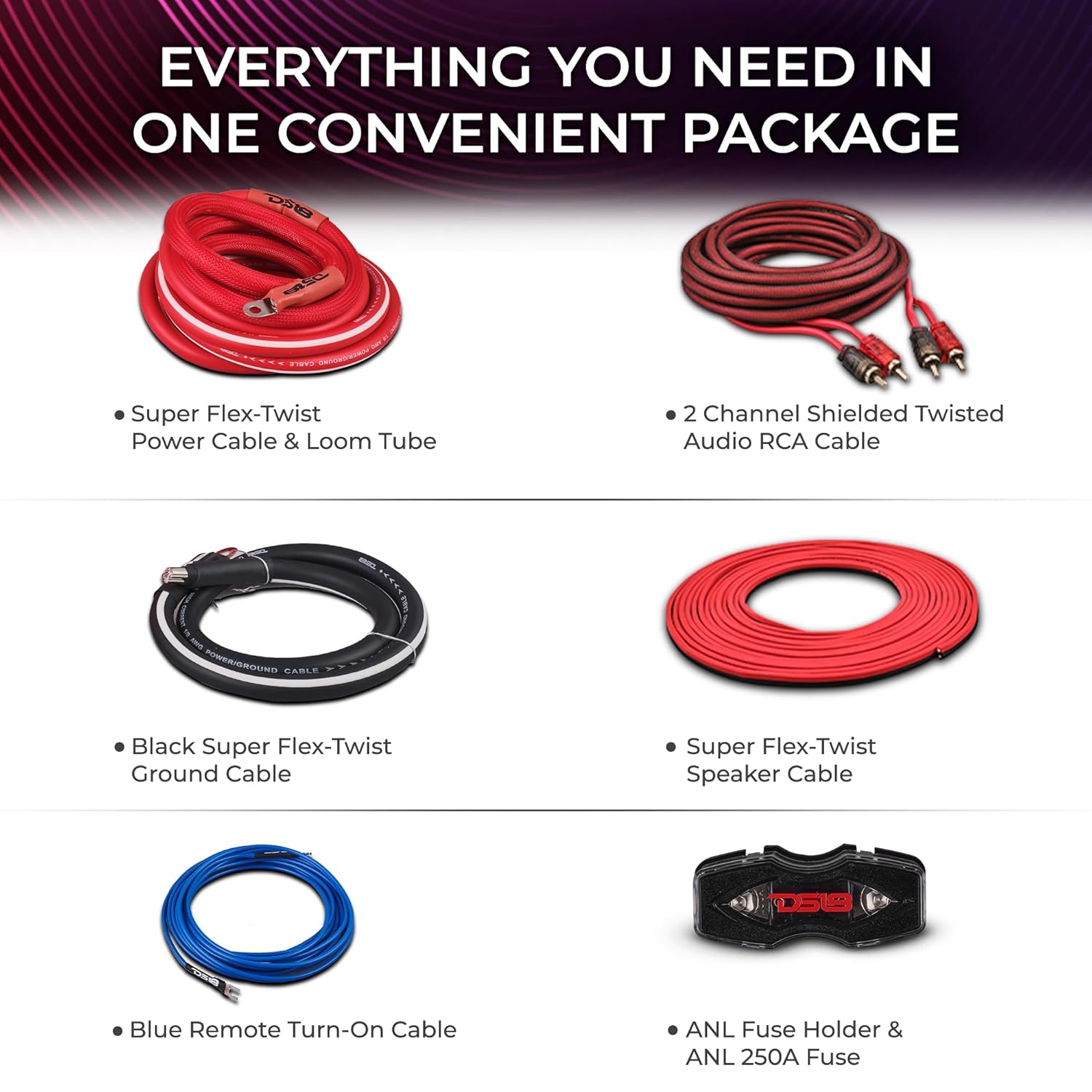 DS18 AKIT0.GR 0-GA Amplifier Installation Wiring Kit with Fuse Holder 250A, Up to 3500 Watts RMS, Ultra Flex Wire, Amp Wire Kit, Amp Wiring Kit 0 Gauge - Green