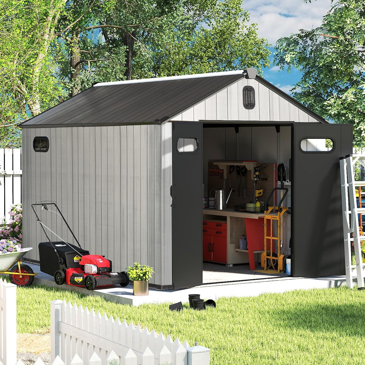 Domi 8x12 FT Outdoor Resin Storage Shed, All-Weather Double-Wall Storage Building with Lockable Doors and Ventilated Roof, Ideal for Lawn Tools, Bikes, Mowers, and Pool Equipment, Grey