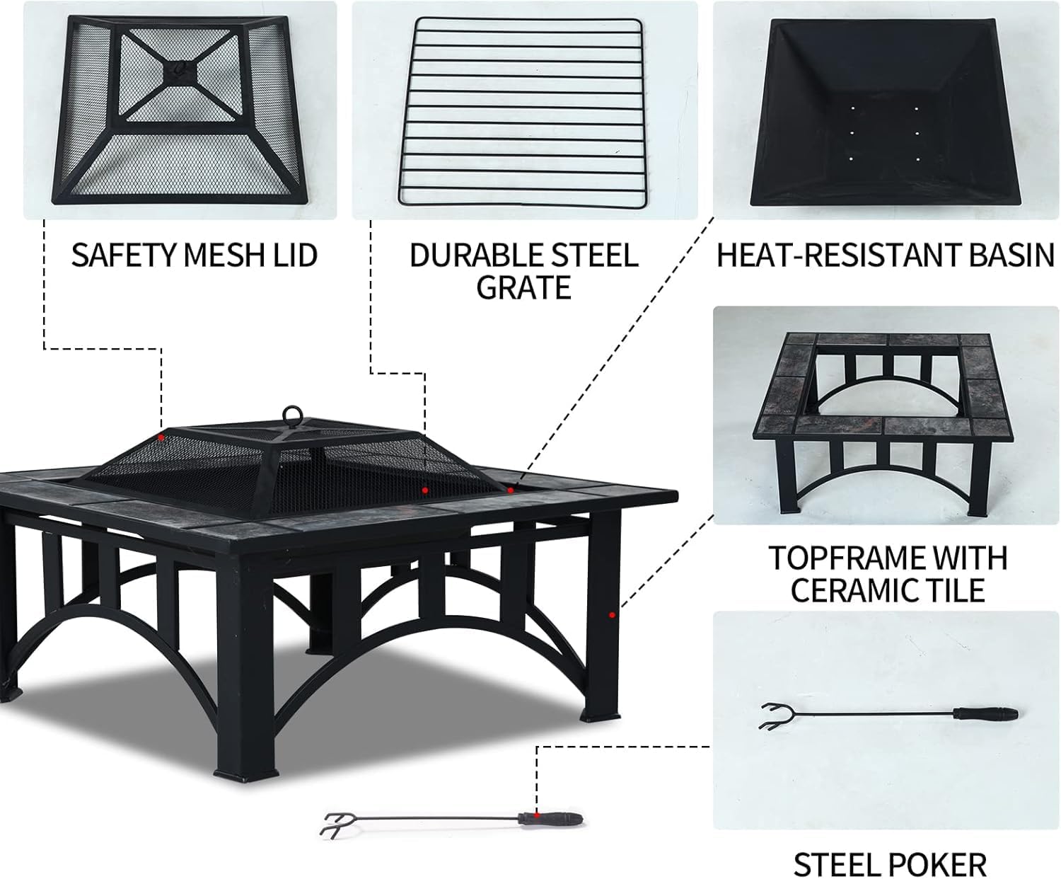 GRAND PATIO Fire Pits for Outside 35'' Wood Burning Square Marble Tile Tabletop Fire Tables for Patio Bonfire,Camping,Outdoor Heating, with Spark Screen and Poker