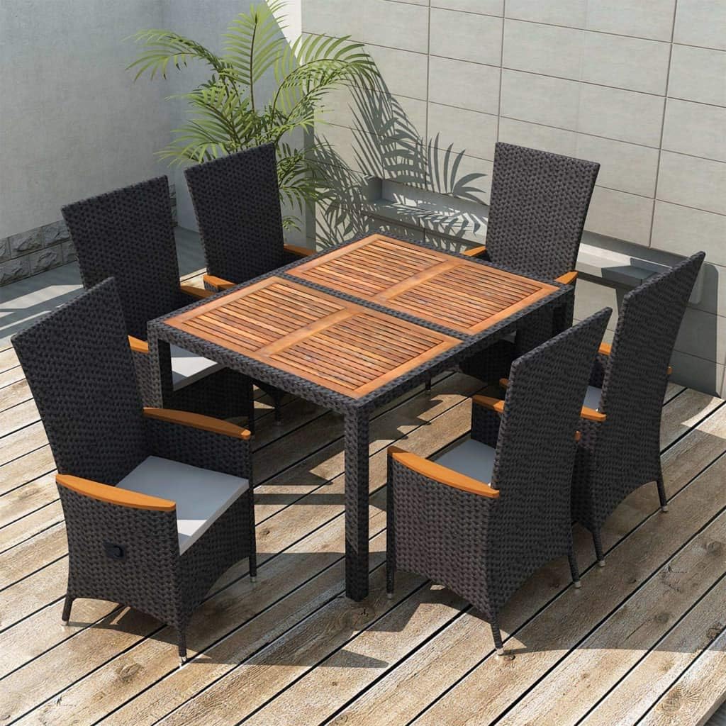 7 Piece Patio Dining Set Poly Rattan Acacia Wood Black,Versatile Rattan Patio Dining Set with Adjustable Reclining Chairs for Outdoor Living Furniture Sets for Patio, Lawn & Garden