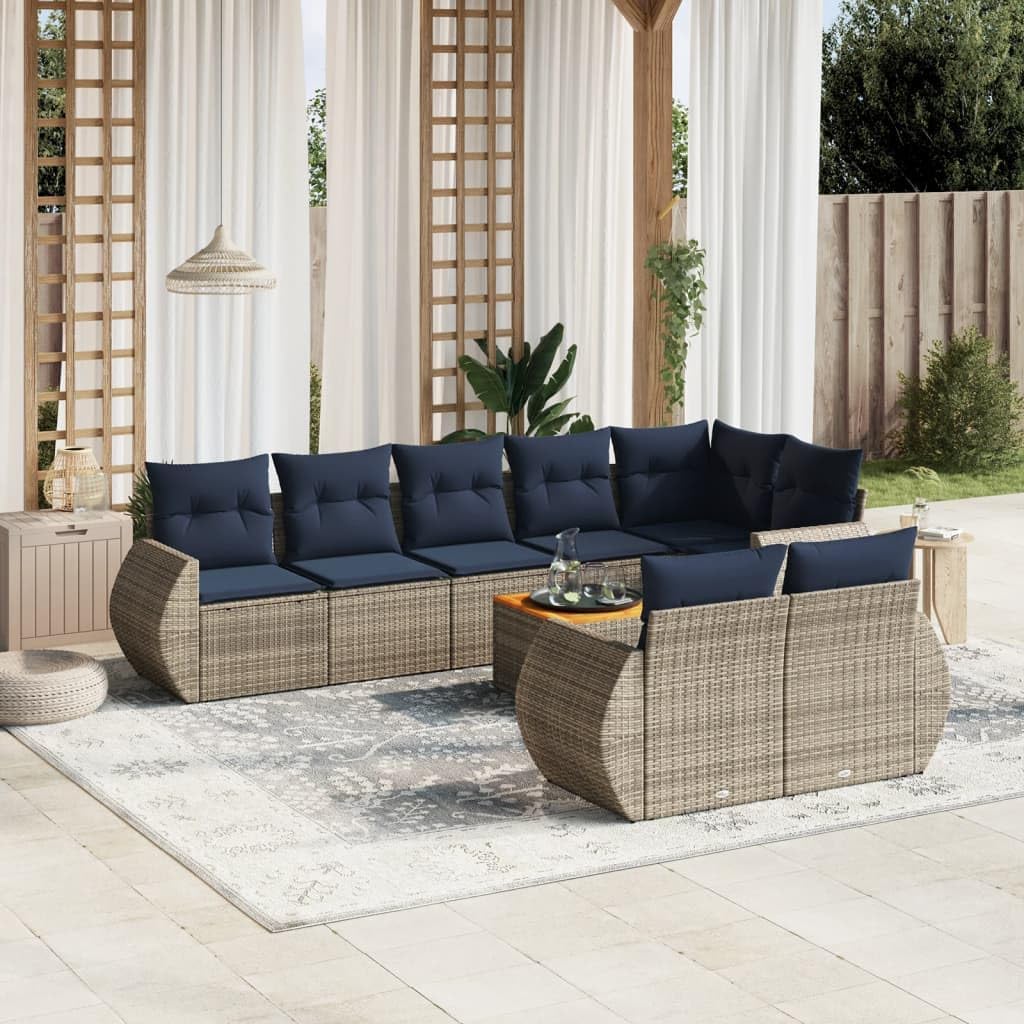 9 Piece Grey Poly Rattan Garden Sofa Set with Cushions, Acacia Wood Table, UV-Resistant Outdoor Patio Furniture for Backyard, Terrace, Balcony