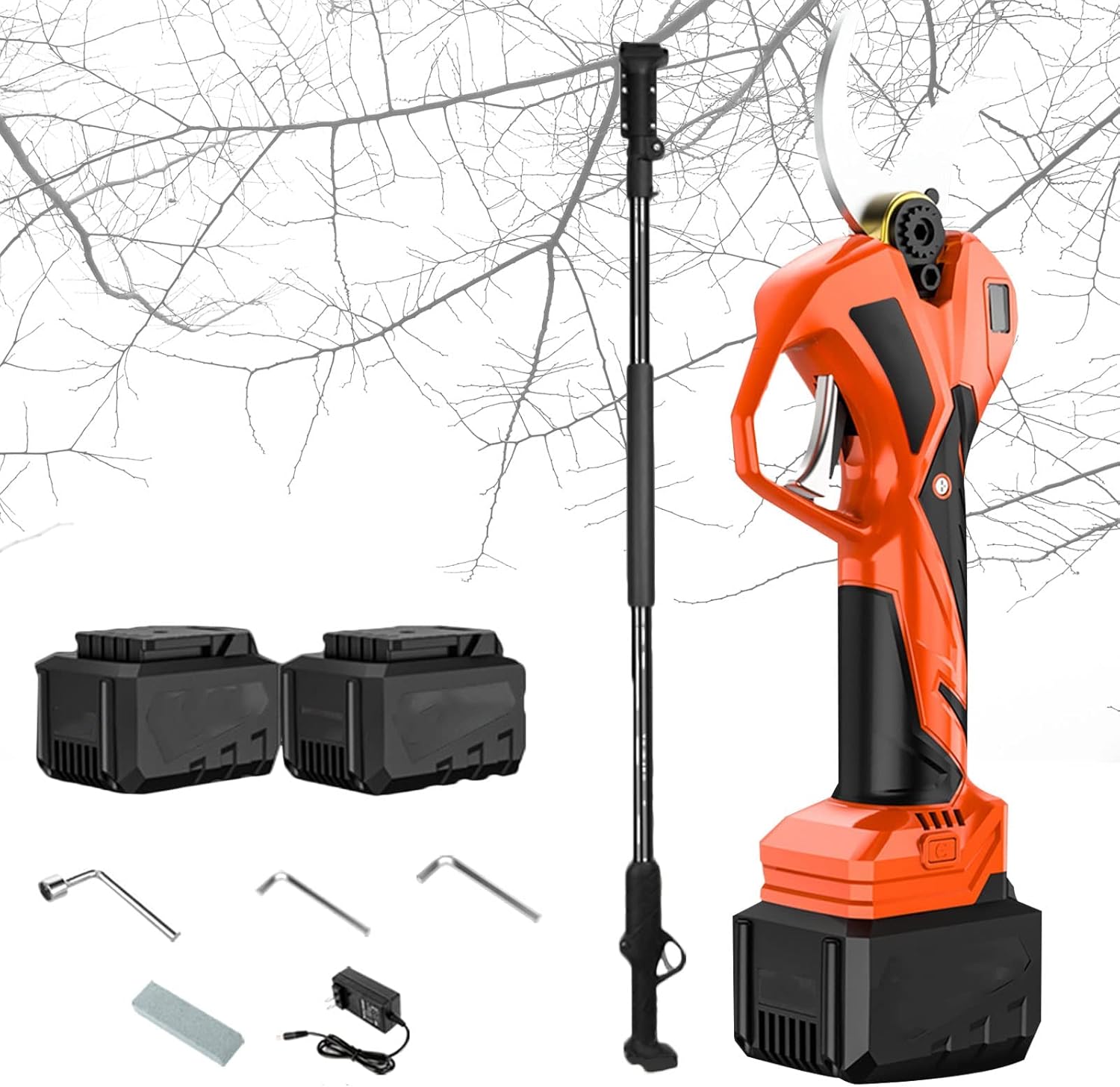 Electric Pruning Shears Professional Cordless Pruner Secateurs with 200Cm High Reach Extension Pole Cordless Tree Pruner, 35Mm Cutting Diameter