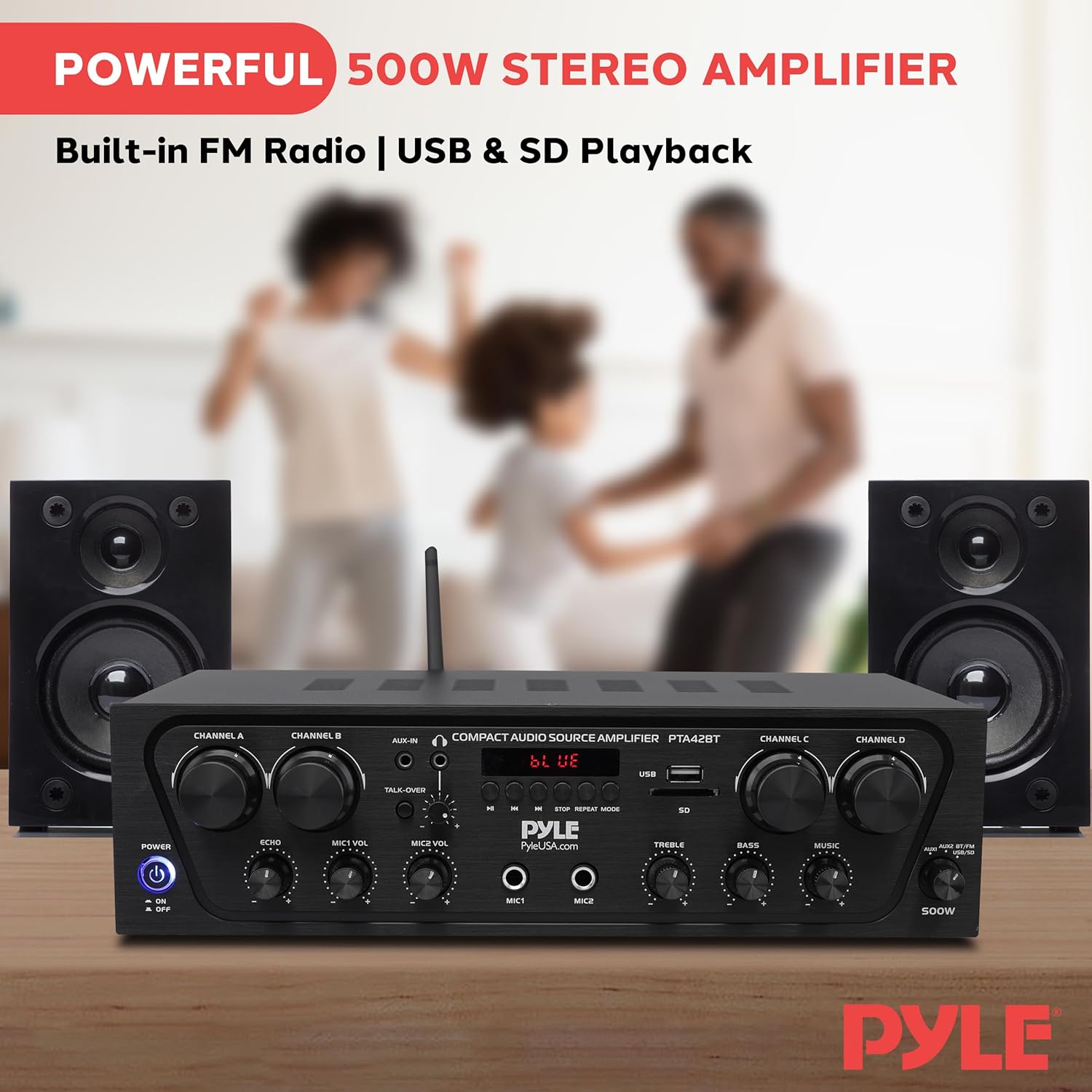 Pyle PTA42BT Wireless Karaoke Bluetooth Stereo Receiver - 4 Channel Power Amplifier w/USB,2 Microphone Input w/ Echo,Talkover for PA Great for Home Speaker System,Black