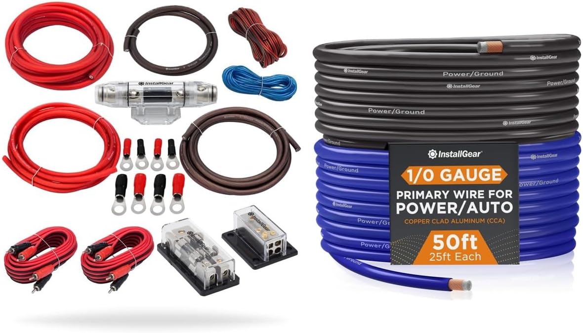 InstallGear Dual 4 Gauge Amp Wiring Kit with Amplifier Installation Wiring True Spec and Soft Touch Wire and 1/0 Gauge Black/Blue Wire (50ft) Copper Clad Aluminum CCA - Primary Automotive Wire