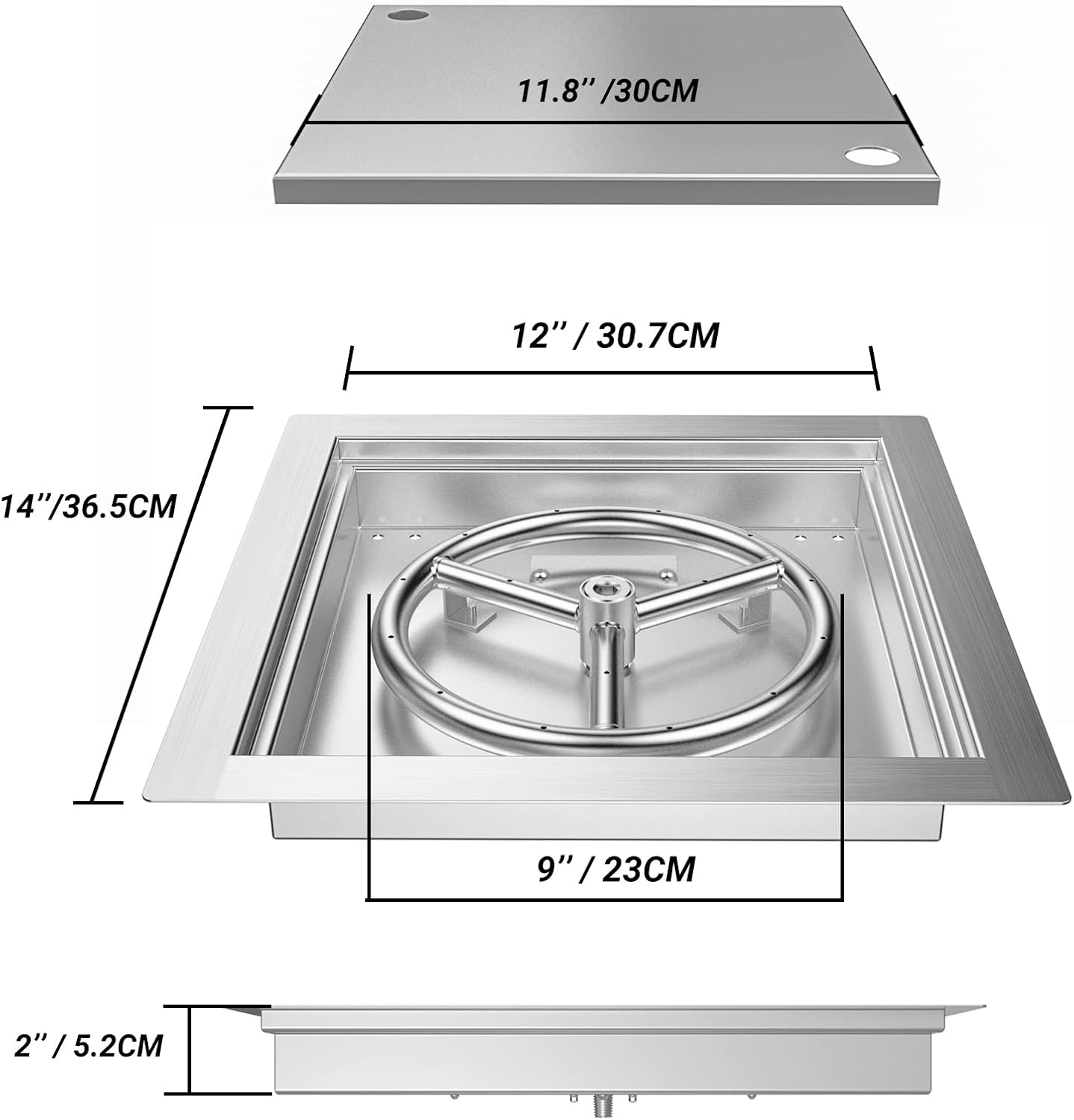 Skyflame 12 inch Square Stainless Steel Drop in Fire Pit Burner Pan with Burner Ring and Protective Cover, Outdoor DIY Firepit Kit for Both Natural Gas and Liquid Propane
