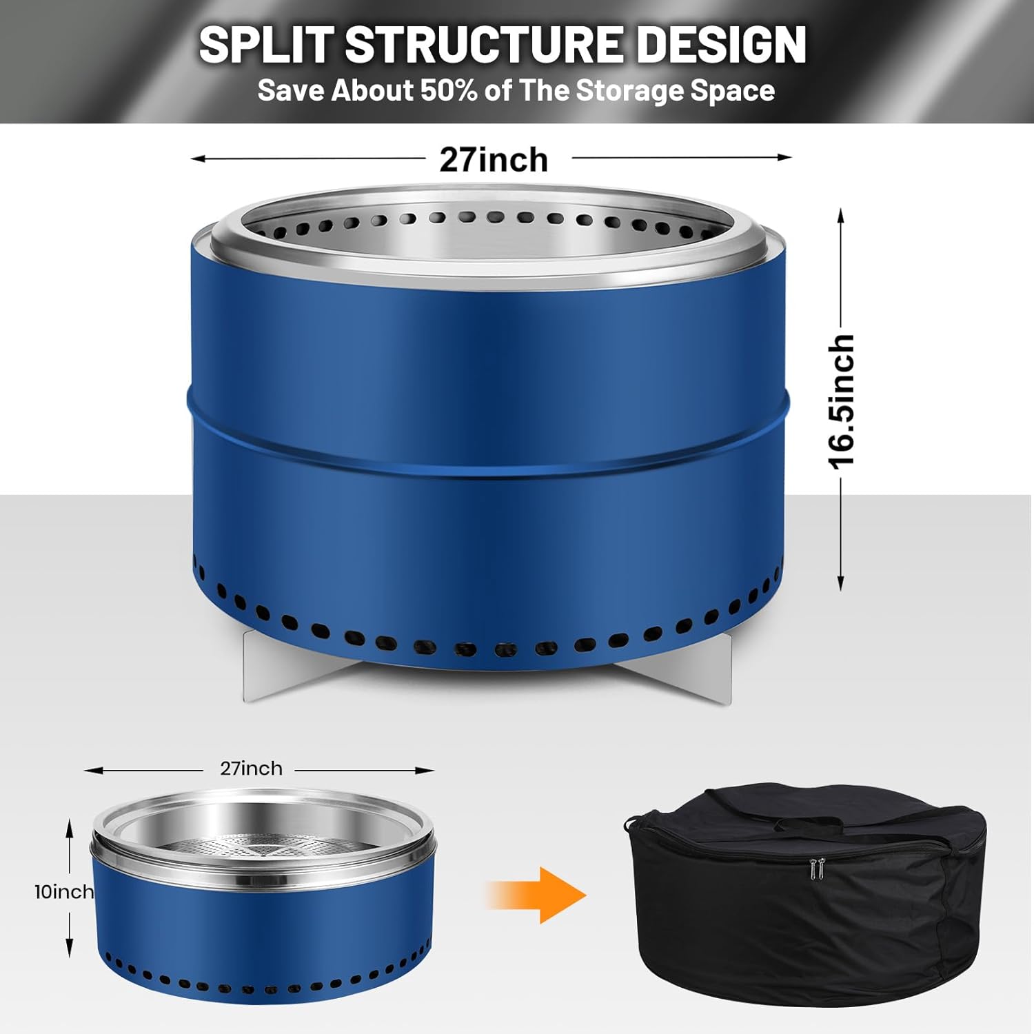 Portable Smokeless Fire Pit - 27 Inch Multi-Functional Camping Fire Bowl with Stand and Carrying Bag, Perfect for Outdoor Gatherings and Activities, Durable Stainless Steel Design