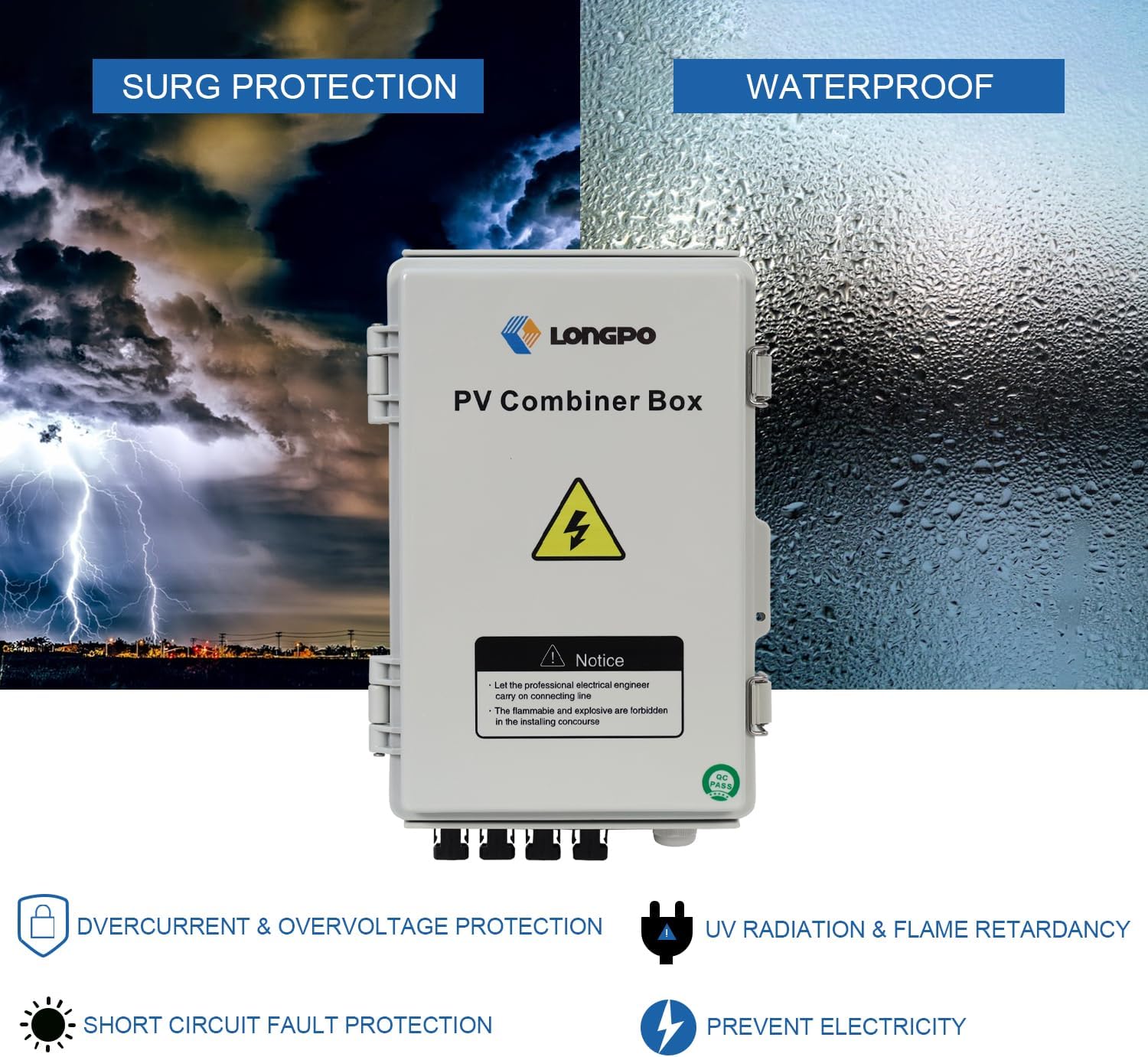 Solar 4 String PV Combiner Box with Lightning Arreste, 15A Rated Current Fuse and 2P 63A Circuit Breakers for On/Off Grid Solar Panel System (4 String PV Combiner Box)