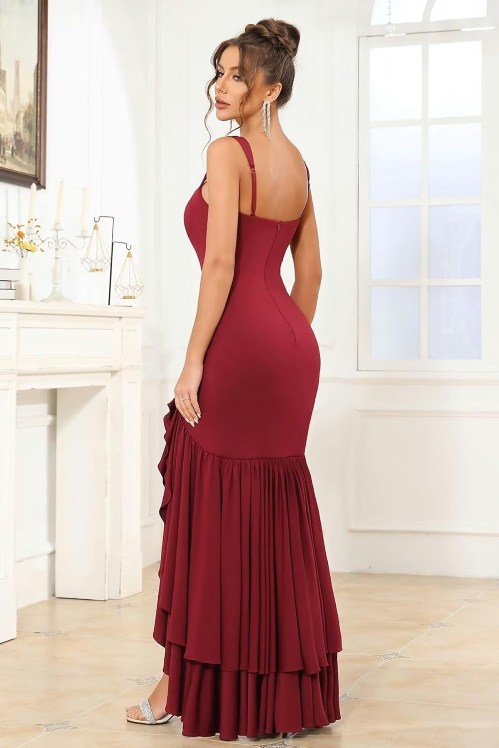 BANTRATIC Spaghetti Straps Prom Dresses for Women Tea Length Mermaid Satin Square Neck Formal Evening Party Gown