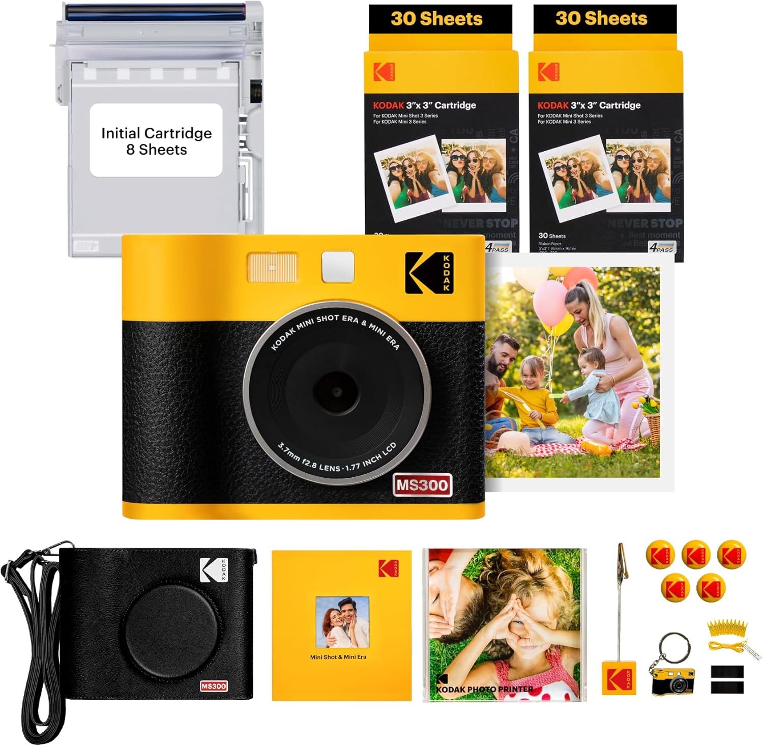 KODAK Mini Shot 3 ERA 4PASS 2-in-1 Instant Camera and Photo Printer (Yellow, Camera + Initial 8 Sheets + 60 Sheets + Accessories)