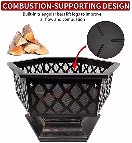 Outdoor Fire Pits 24Inch, Hex Shaped Fire Bowl Hexagon Fire Pit Iron Brazier Wood Burning Coal Pit with Spark Screen Cover for Backyard Garden Patio Bonfire Heating and BBQ