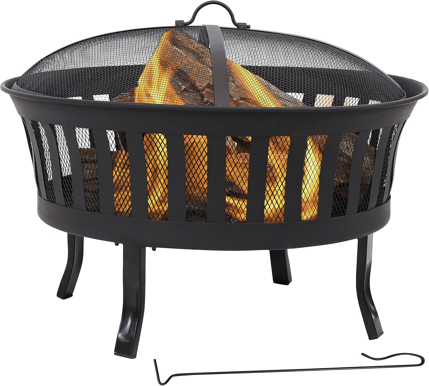 Sunnydaze 25-Inch Steel Wood-Burning Fire Pit with Mesh Stripe Cutouts - Includes Poker and Spark Screen