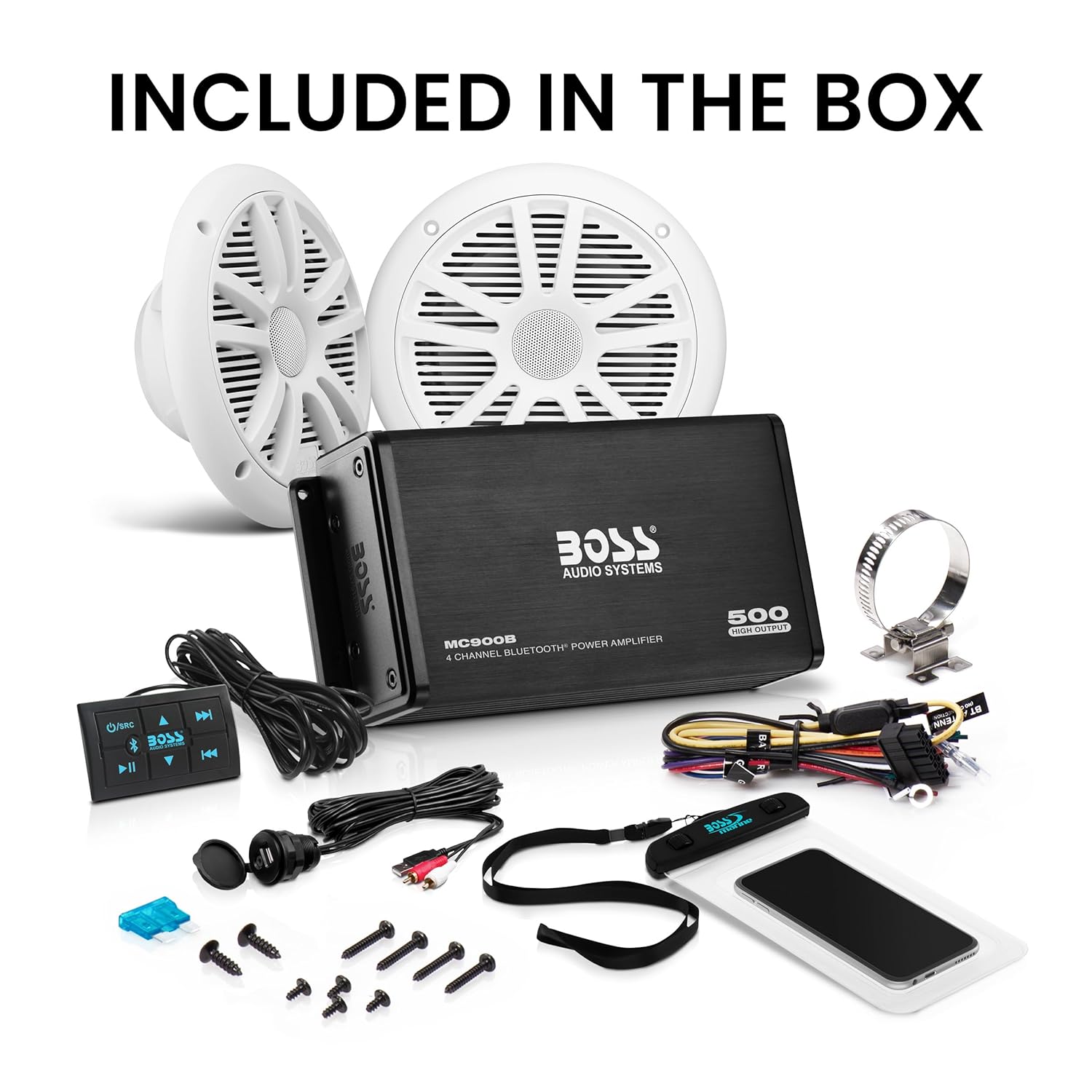 BOSS Audio Systems ASK902B.6 Marine Boat 6.5 inch Speakers and 4 Channel Amplifier Package - 500 High Output, Bluetooth Remote, Waterproof Pouch