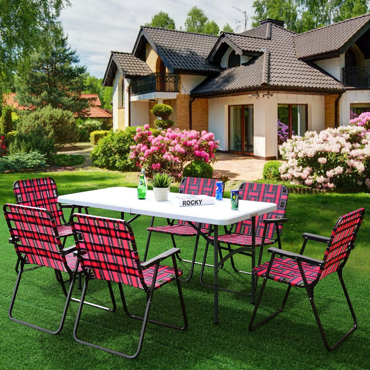 6 PCS Folding Lawn Chairs Set, Portable Outdoor Patio Chairs w/Stable Metal Frame & Armrests, Webbed Folding Beach Chairs Set for Lawn Patio Garden Backyard (Red)