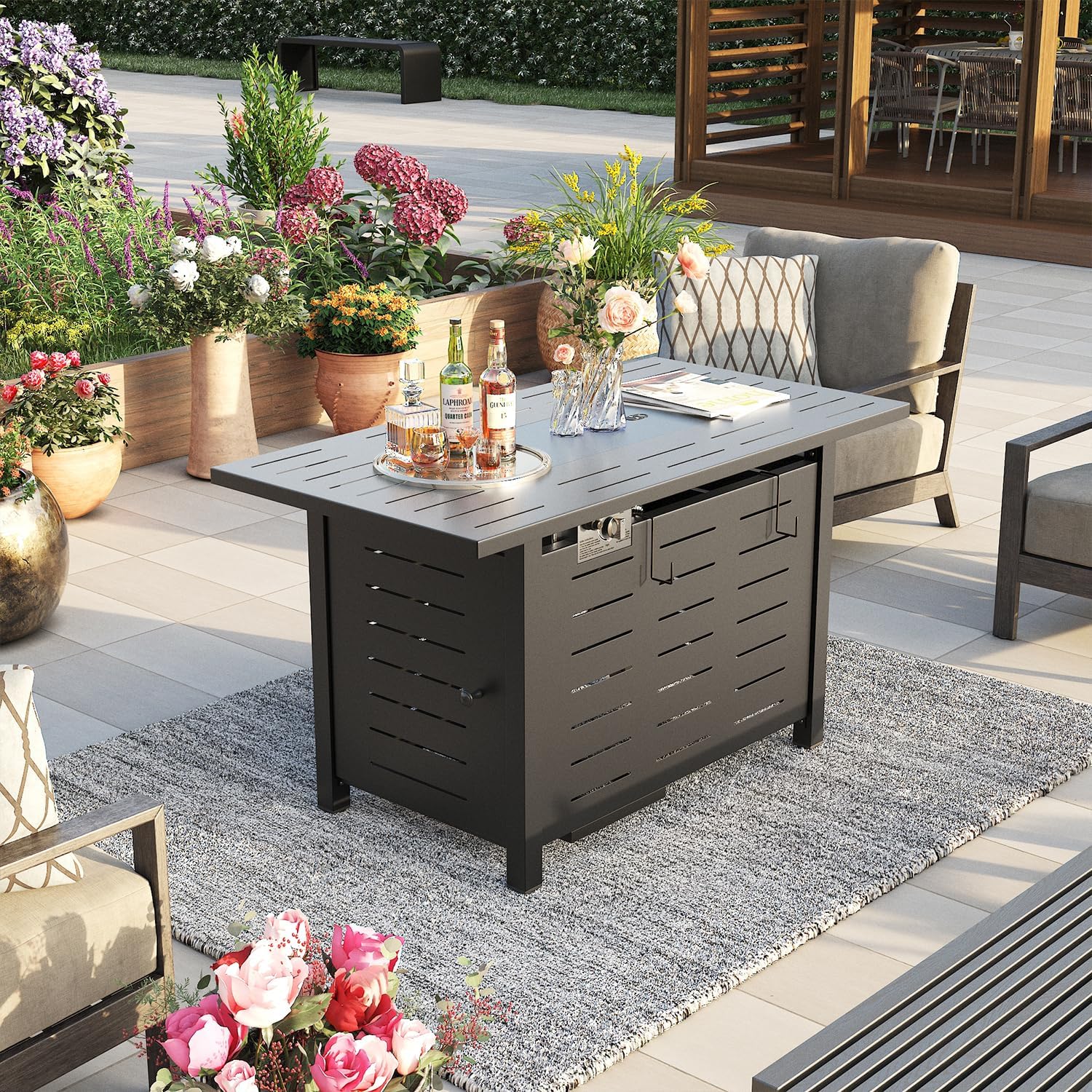 Propane Fire Pit 50,000 BTU Outdoor Gas Fire Table with Waterproof Cover Rectangular Steel Firepit Table with Lid and Lava Rock for Outdoor, Patio, Backyard