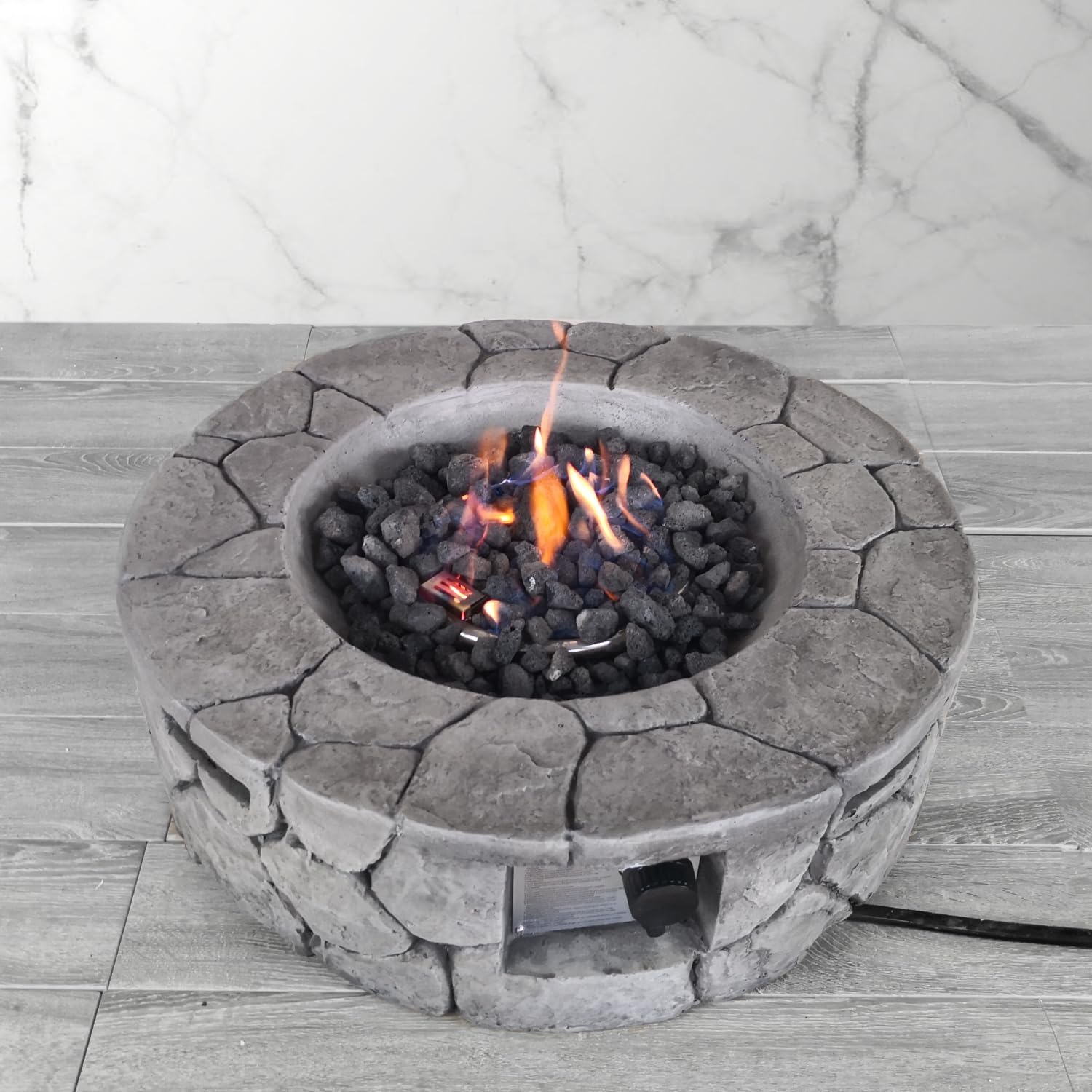 28'' Modern Outdoor Fire Pit: Fiber Reinforced Concrete & Stainless Steel - 40,000 BTU Propane/Natural Gas Heater for Patio & Backyard - Includes Storage Cover & Stone Filler