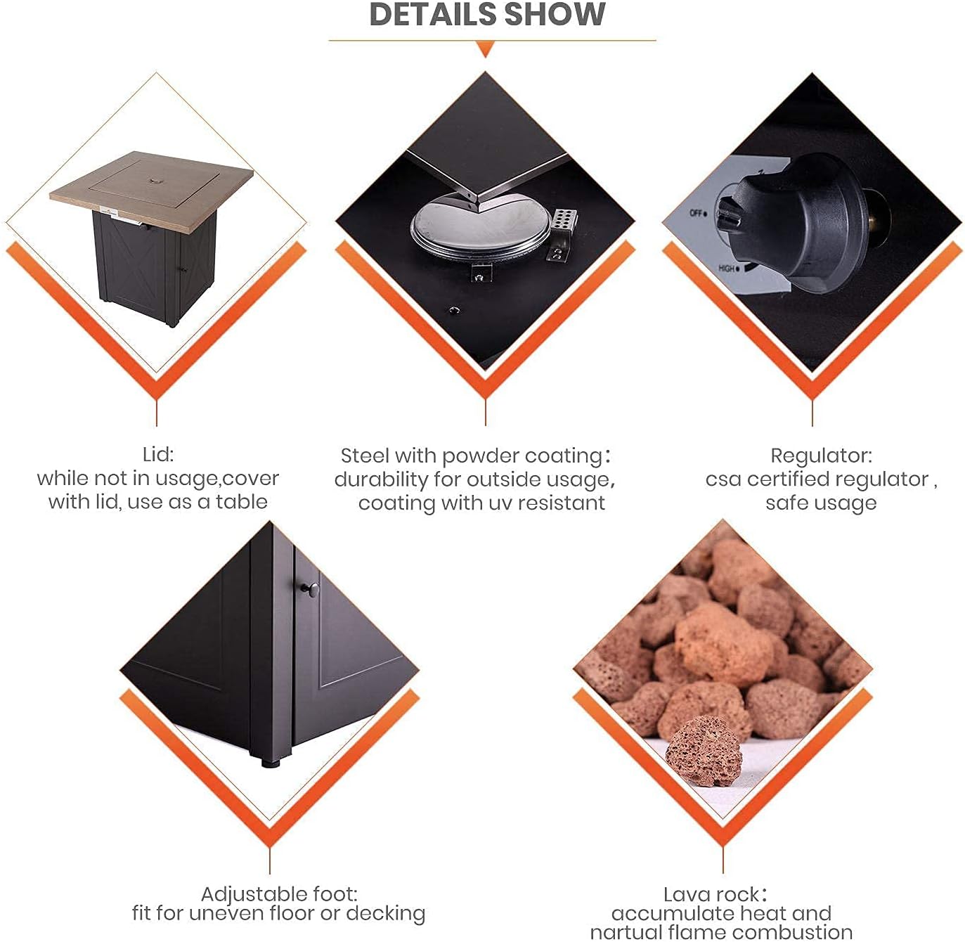 LEGACY HEATING 28 Inch Outdoor Gas Square 50000 BTU Fire Pit Table with Lid, Bionic Wood Grain Propane fire pits Tables for Outside Backyard Garden Camping Party