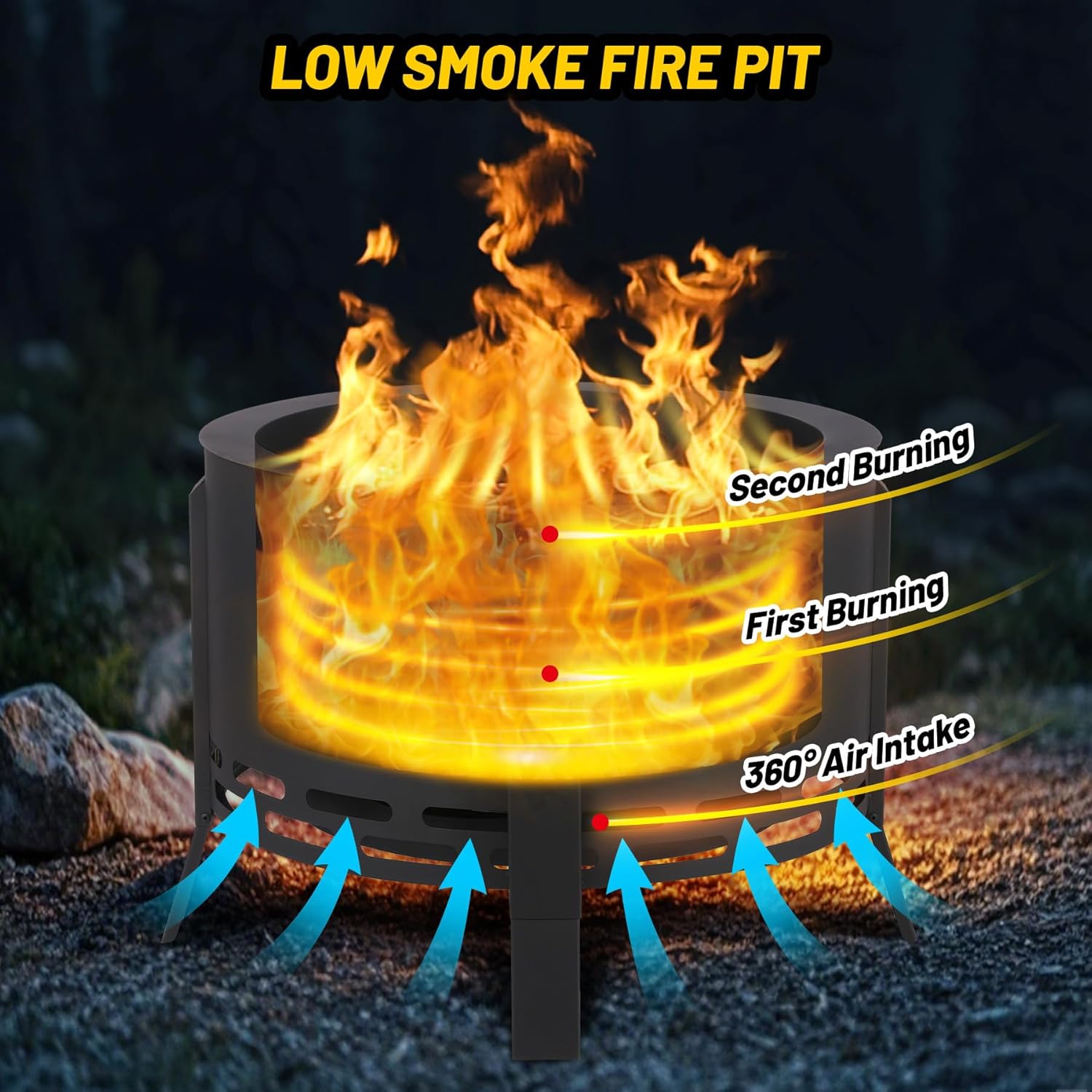26-Inch Portable Smokeless Fire Pit with Fire Poker, Lightweight Outdoor Bonfire Stove, Durable Carbon Steel Firepit, Ideal for Camping, Picnics, and Family Gatherings