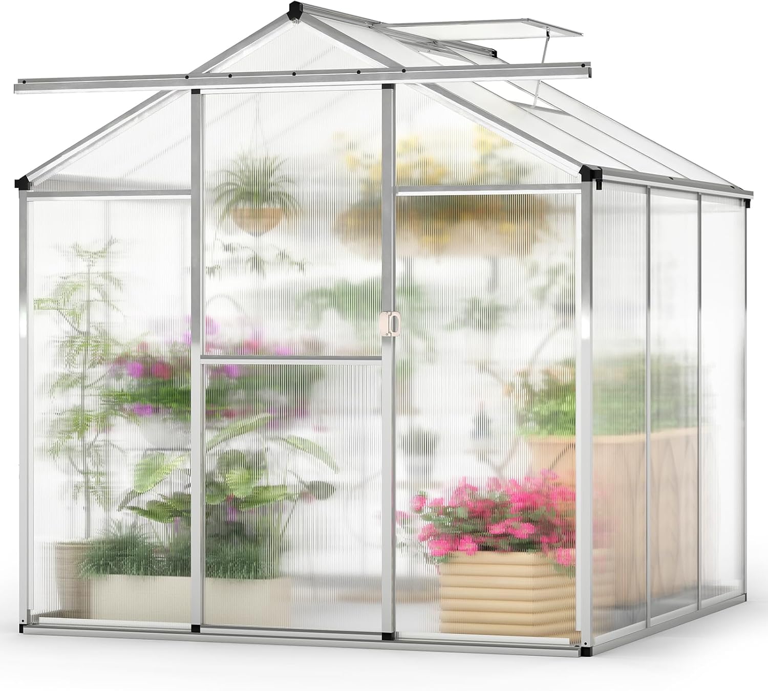 Giantex 6x6x6.5FT Greenhouse, Outdoor Large Walk-in Green House w/ Rain Gutter, Polycarbonate Panels, Adjustable Roof Vent, Sliding Door, Heavy-Duty Aluminum Garden House
