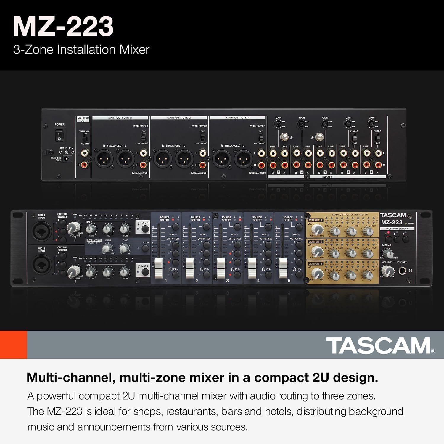 Tascam 7-Channel 3-Zone Rackmount Audio Mixer With Voice Priority (MZ-223)