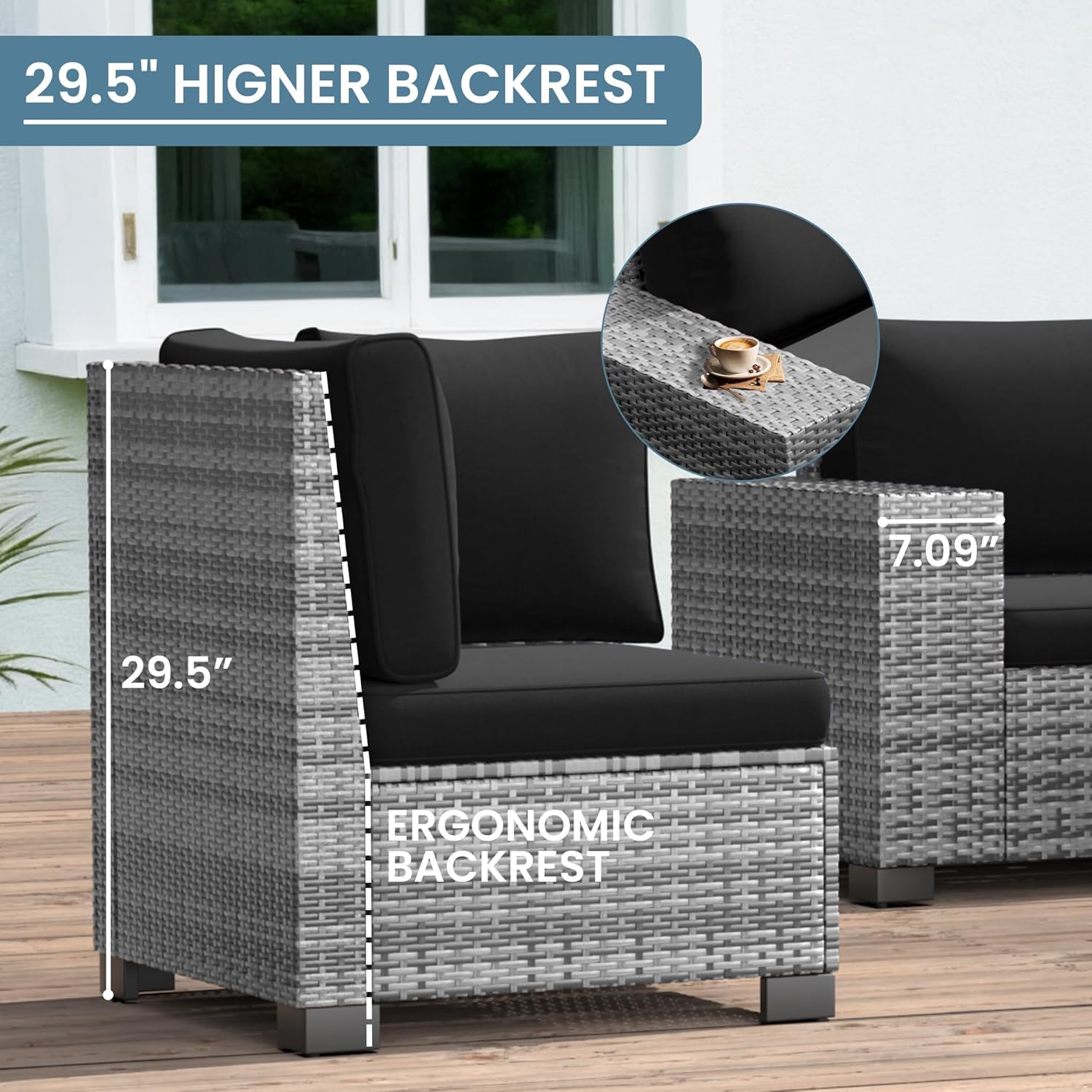 Amopatio Outdoor Sectional Furniture Set with Fire Pit Table, 7-Piece Grey Rattan Wicker Conversation Couch Set for Porch Garden Backyard Balcony Poolside, Black