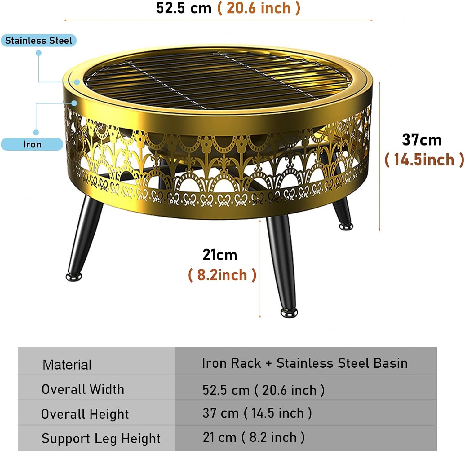 LXLZYXSF Gold Porch Patio Fire Pit, Modern Round Living Room Wood Burning Fire Basin Bowl, Camping, BBQ, Travel, Bonfire Party, Picnic (Color : B, Size : 52.5cm/20.6inch Wide)