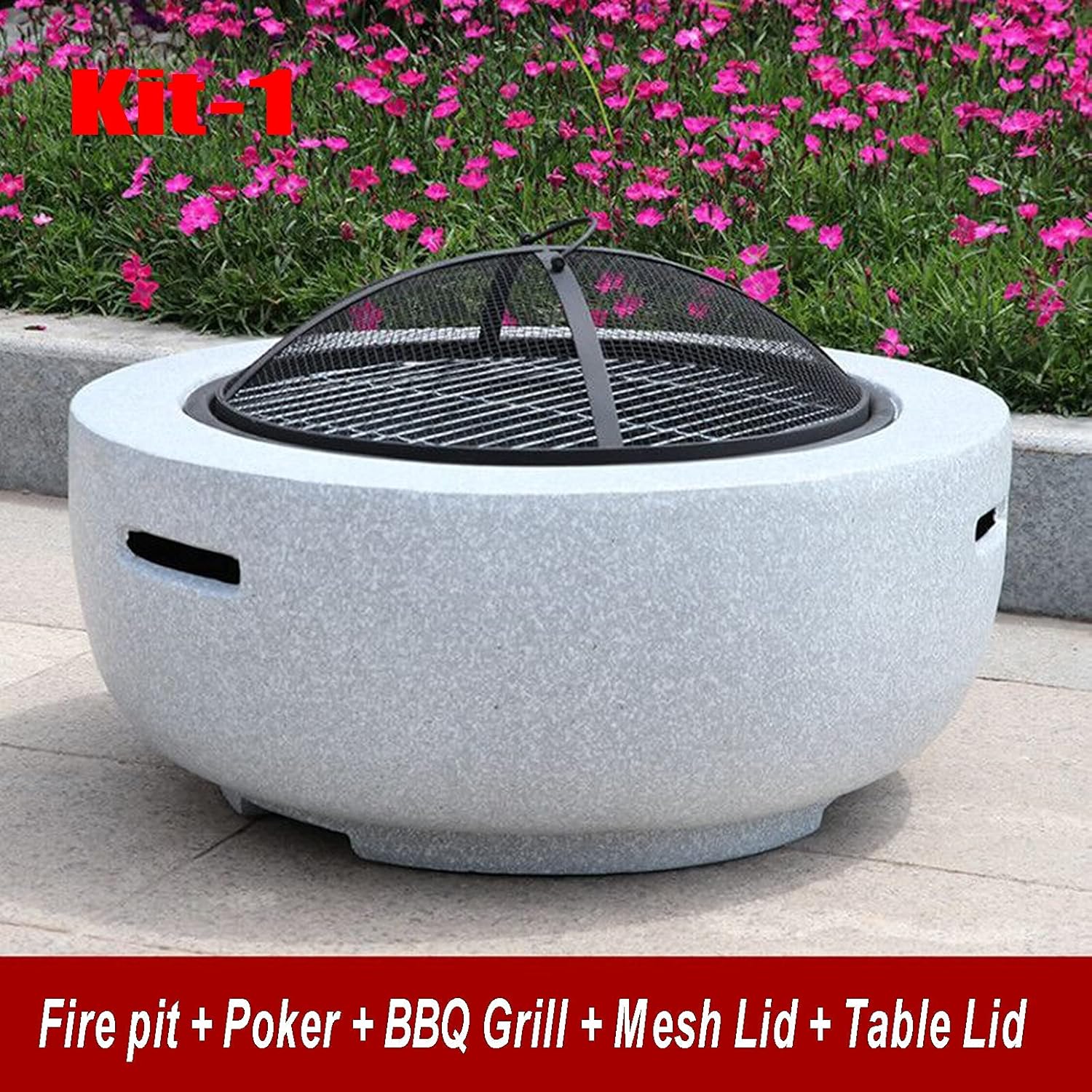 Outdoor Fire Pit Garden Wood Burning Fire Pit BBQ Table, Outdoor Wood Burning Fire Bowl with Spark Screen Cover and Poker, 60cm