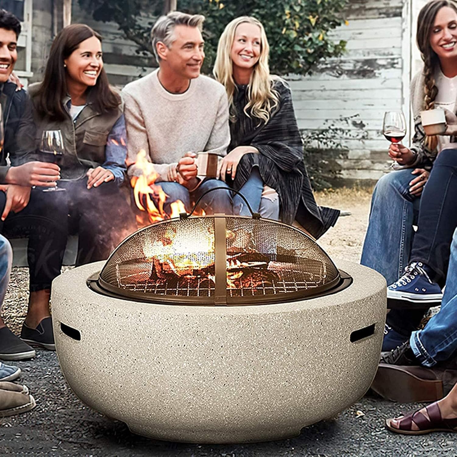 Small Fire Pit, Fire Pit with BBQ Grill Shelf, Garden Patio Heater Charcoal Log Wood Burner Fire Bowl with an Edging of Artificial Stone Outdoor Fire Pit Bowl