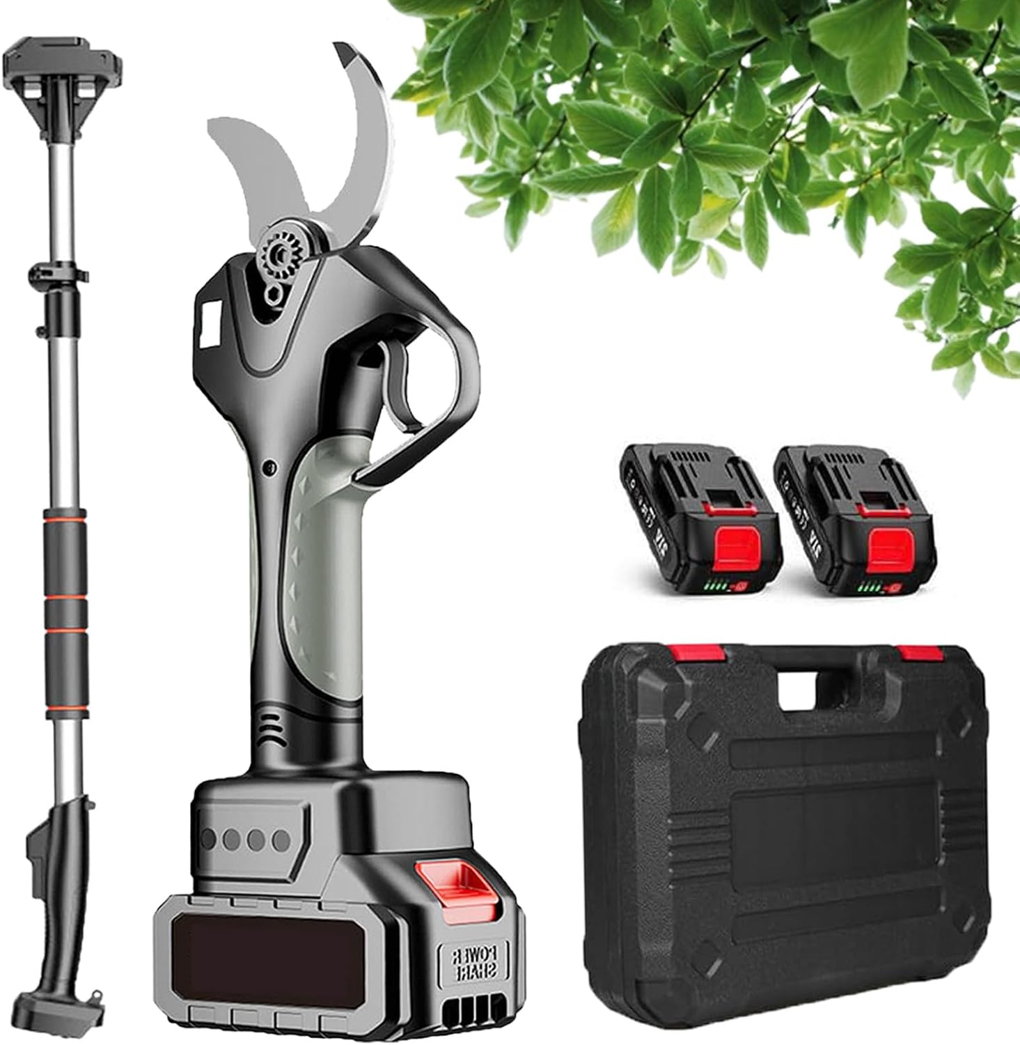 Electric Pruning Shears, 60mm Electric Garden Shears with 2.1m Telescopic Pole, Long Reach Branch Scissors, 10-12 Hours Working Time, 2 Battery Powered, for Hedge, Bush,2*batteries