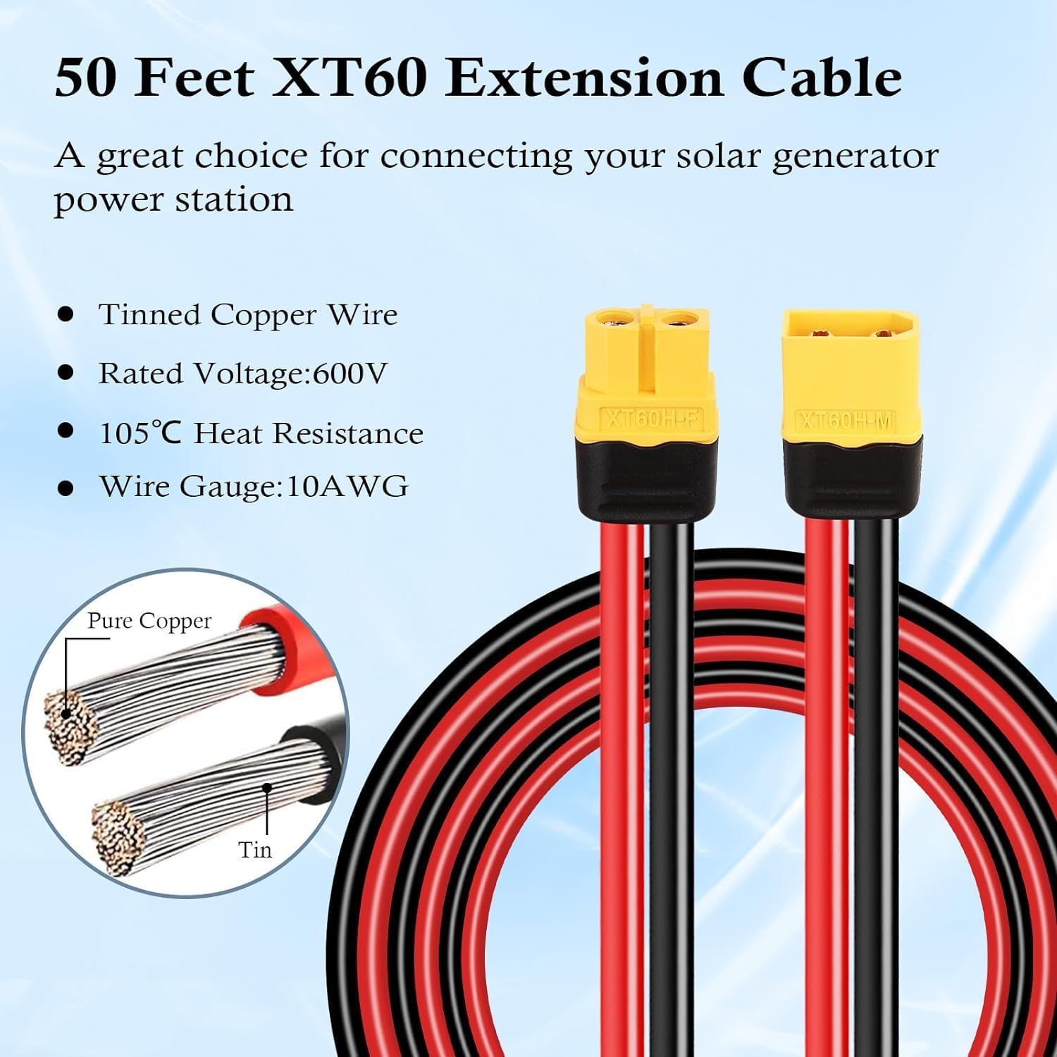 XT60 Extension Cable 10AWG 40FT XT60 to XT60 Cable with Male to Female Connector for Portable Power Station Solar Panel RC Battery