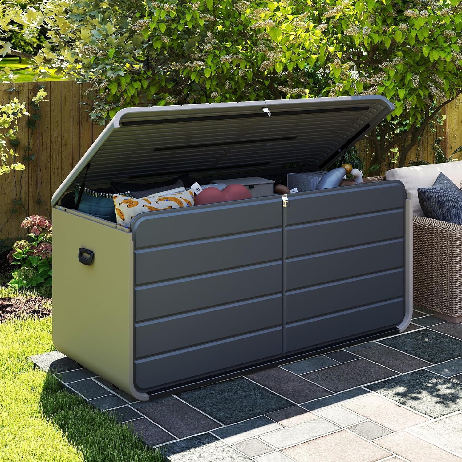 Domi 260 Gallon Resin Deck Box, Waterproof & UV-Resistant Outdoor Large Storage Box Lockable Storage Bin for Patio Cushions Pool Supplies Garden Tools and Delivery Storage