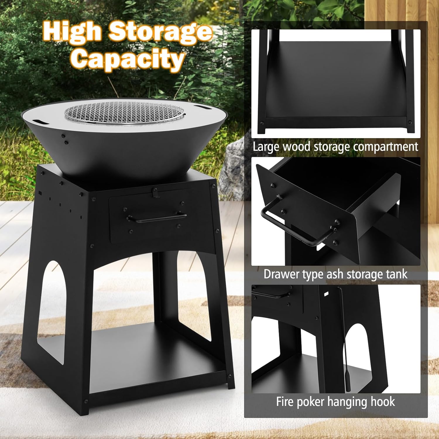 Giantex Outdoor Fire Pit with Grill, Heavy Duty Wood Burning Fire Pit w/Fire Poker, Gloves, Grilling Rack, Large Storage Compartment, 2-in-1 BBQ FirePit for Outside, Backyard, Patio, Black