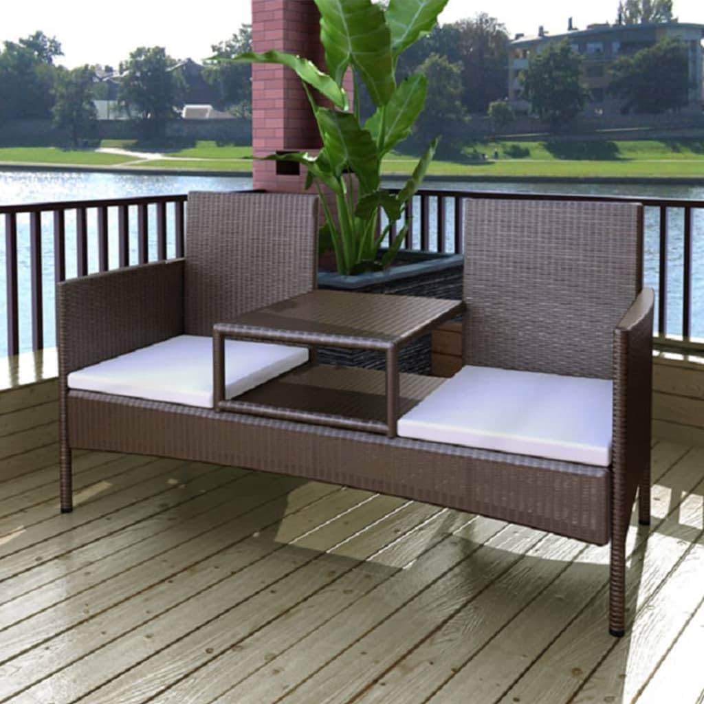 2-Seater Patio Sofa with Tea Table Poly Rattan Brown,Outdoor Rattan Bench with Tea Table Weather Resistant & Comfortable Patio Furniture, Patio Benches