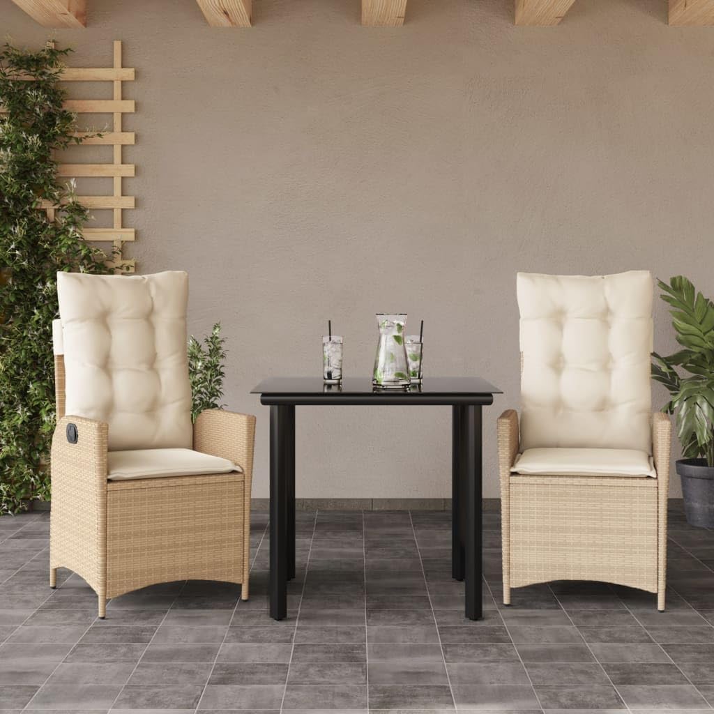 3 Piece Patio Dining Set with Cushions Beige Poly Rattan,Rattan Patio Set with Adjustable Lounge Chairs and Tempered Glass Table Patio Furniture Sets, Outdoor Furniture Sets