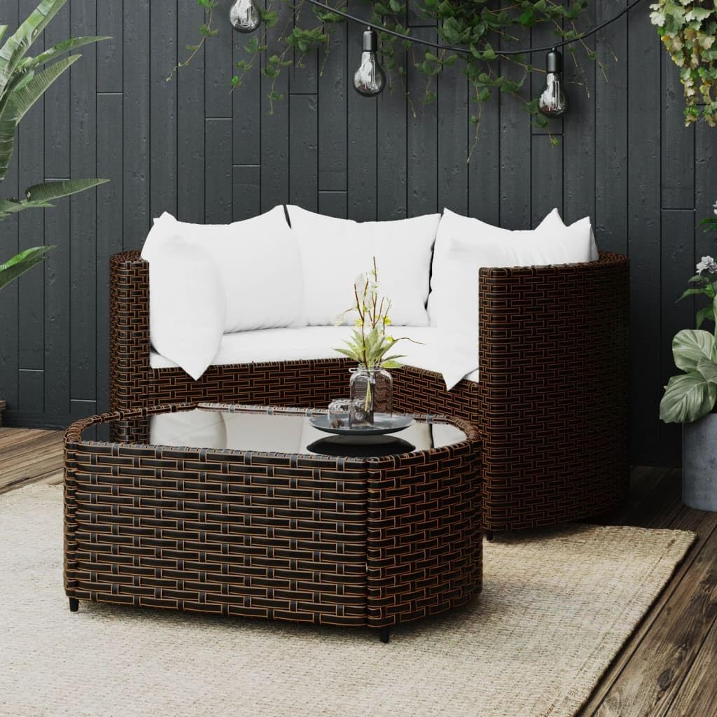Patio Lounge Set, 4 Piece Brown PE Rattan Outdoor Furniture Set with Cushions, Square Dining Table for Balcony Garden Terrace