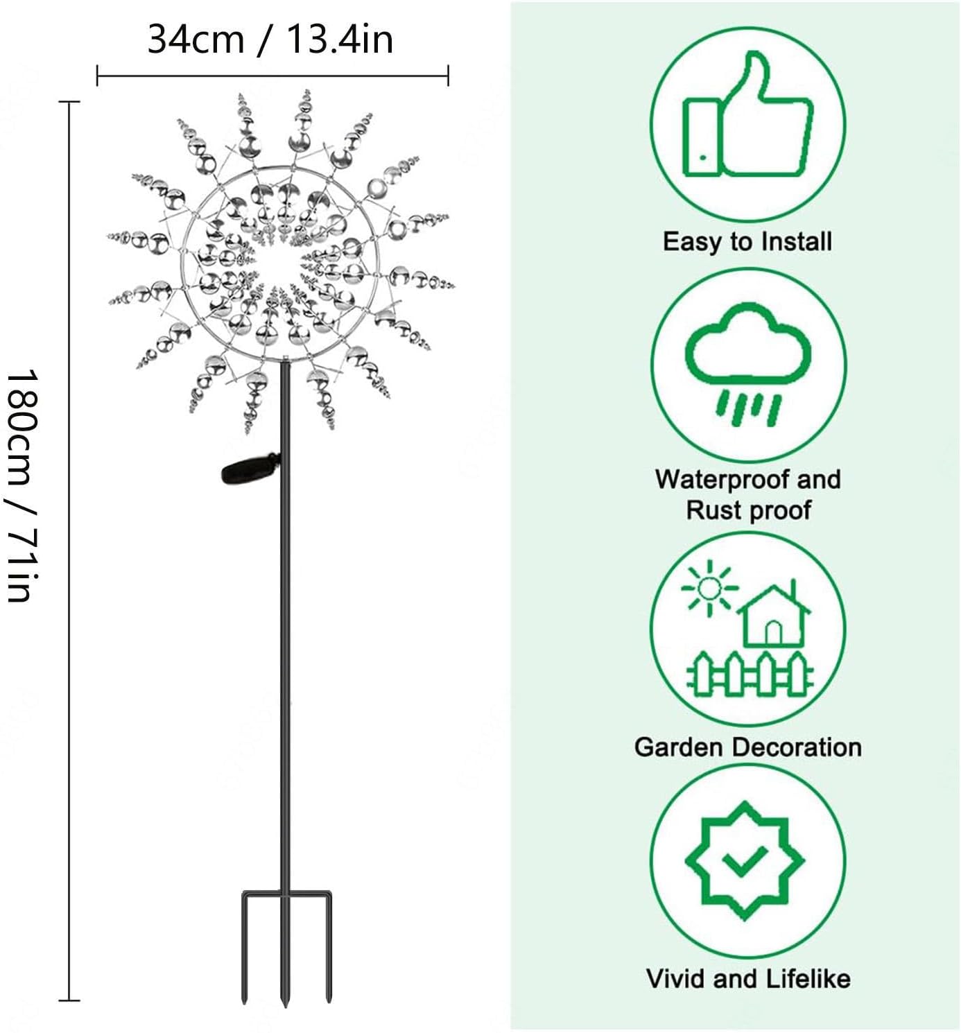 Solar Magic Windmill, Metal Windmill Spinner 3D Wind Powered, 13.4 x 71in Kinetic Spinner,Gold