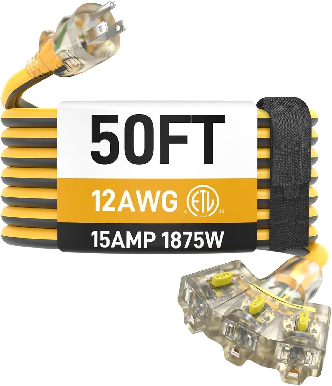 50FT Outdoor Extension Cord with Multiple Outlets, 12/3 Gauge Heavy Duty, 15A 1875W, 3 Prong with LED Light & Locking Plug, Weather Resistant, ETL Certified for Lawn Mower, Tools, Christmas Lights