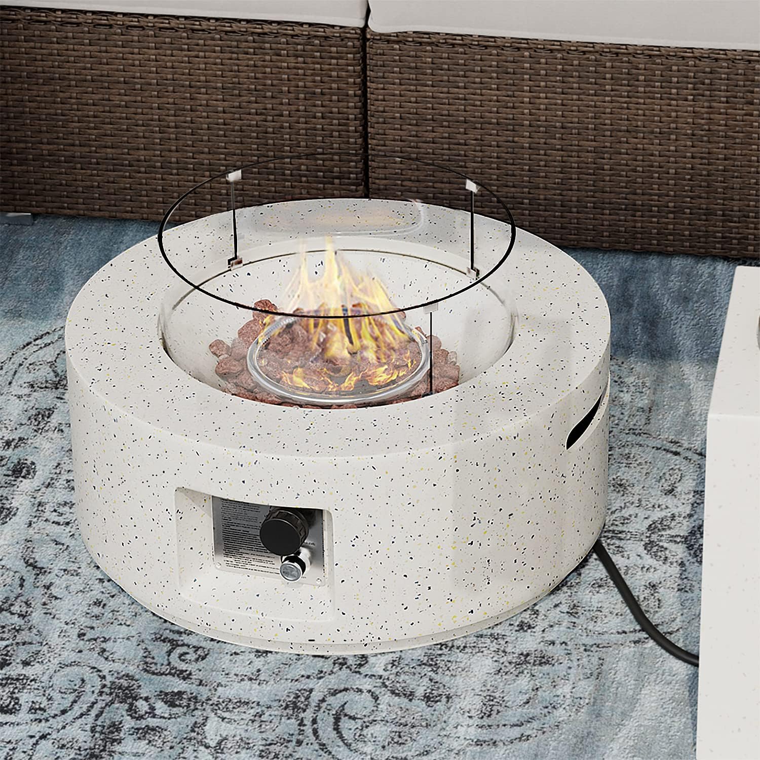 SUNBURY Outdoor 28 Inch Propane Fire Pit Table, Round Fire Table w Glass Wind Guard, 40,000 BTU Spotted White Patio Gas Fire Table Waterproof Cover, Lava Rocks