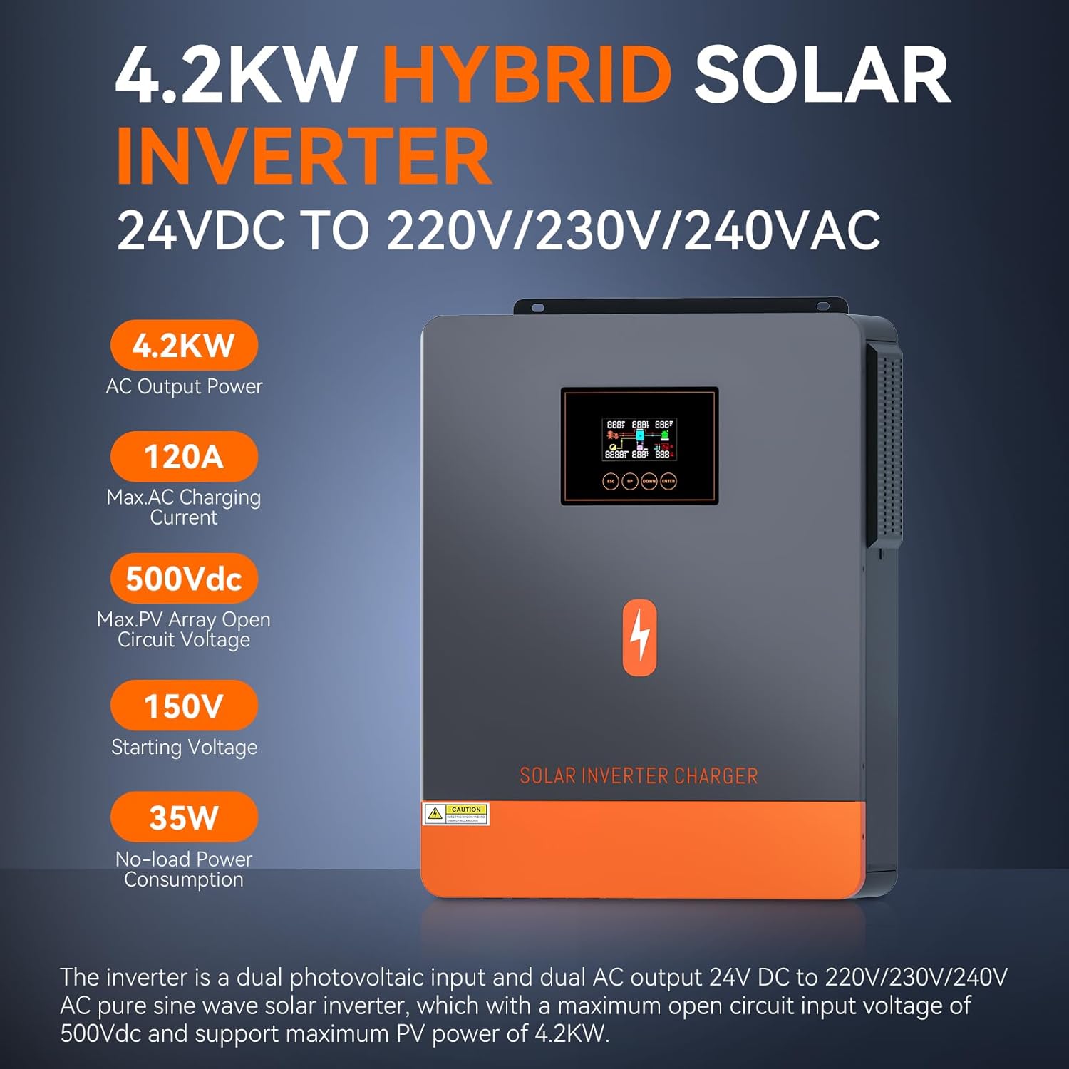 PowMr 4200W Solar Inverter 24VDC to 220V/230VAC, Pure Sine Wave All in One Hybrid Inverter with Built-in 120A MPPT Controller, for Home RV Off-Grid System, for 24V Lead Acid and Lithium Battery