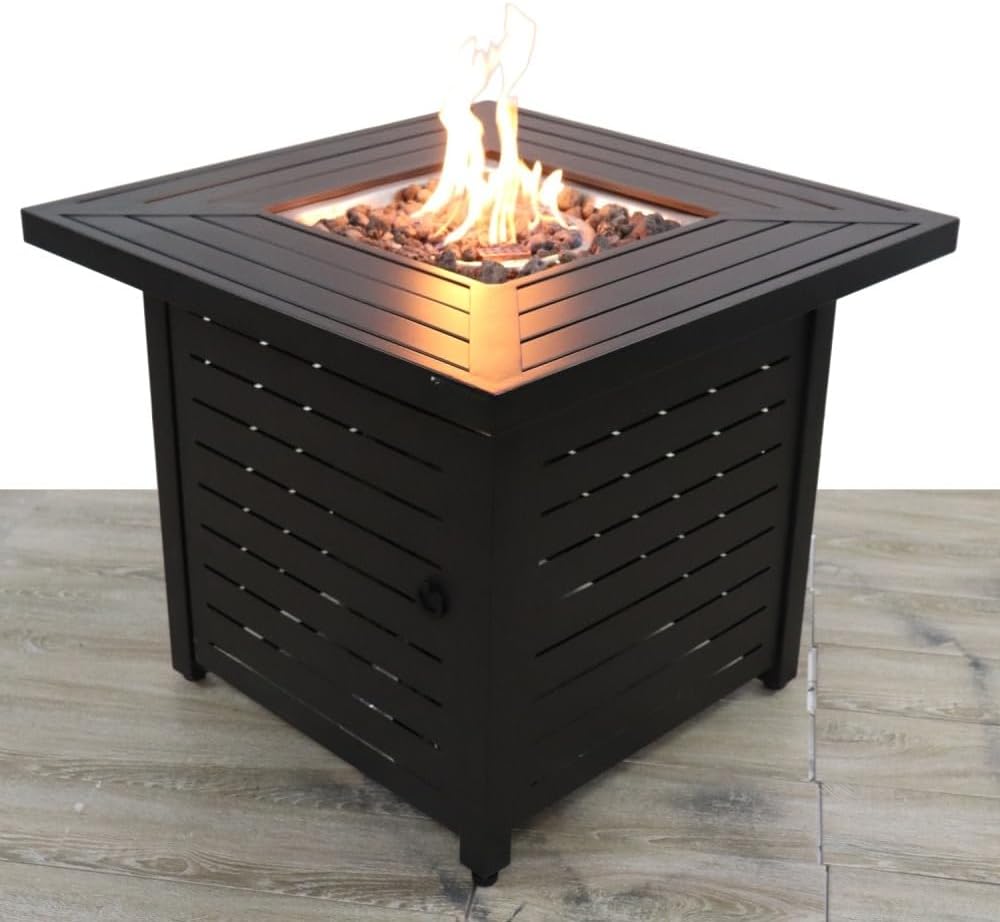 Outdoor Steel Propane Fire Pit Table with Powder Coated Finish and Lava Rocks for Backyard Patio Deck Use
