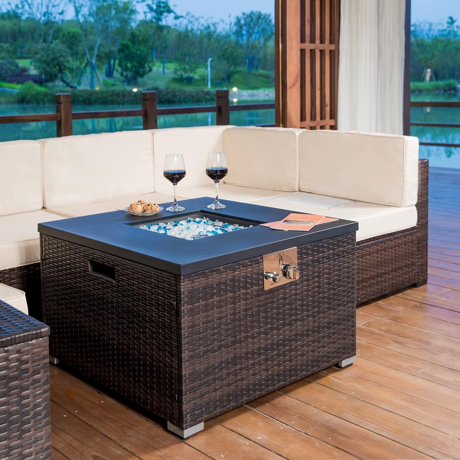 32'' Outdoor Low Profile Fire Table with Natural Gas Conversion Kit, 50,000 BTU Fire Table with Brown Wicker, Painted Steel Tabletop, Mix Color Glass Rocks, Including Lid and Cover, Square