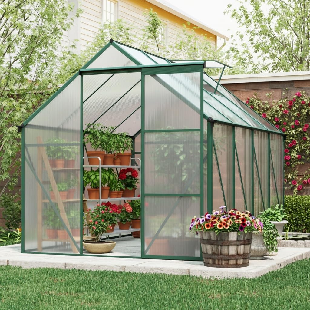 6x8ft Walk-in Greenhouse for Outdoors, Winter Aluminum Green House with Roof Vent, Sliding Door & Galvanized Base for Garden Backyard, All-Weather Protection for Plants, Flowers & Gardening