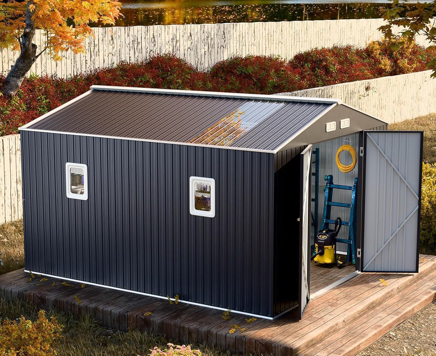 Restland 10x10 FT Outdoor Storage Shed with Floor Base Frame Reinforced Metal Shed with Clear Roof, Air Vent & Lockable Door Large Garden Storage Sheds for Backyard, Lawn